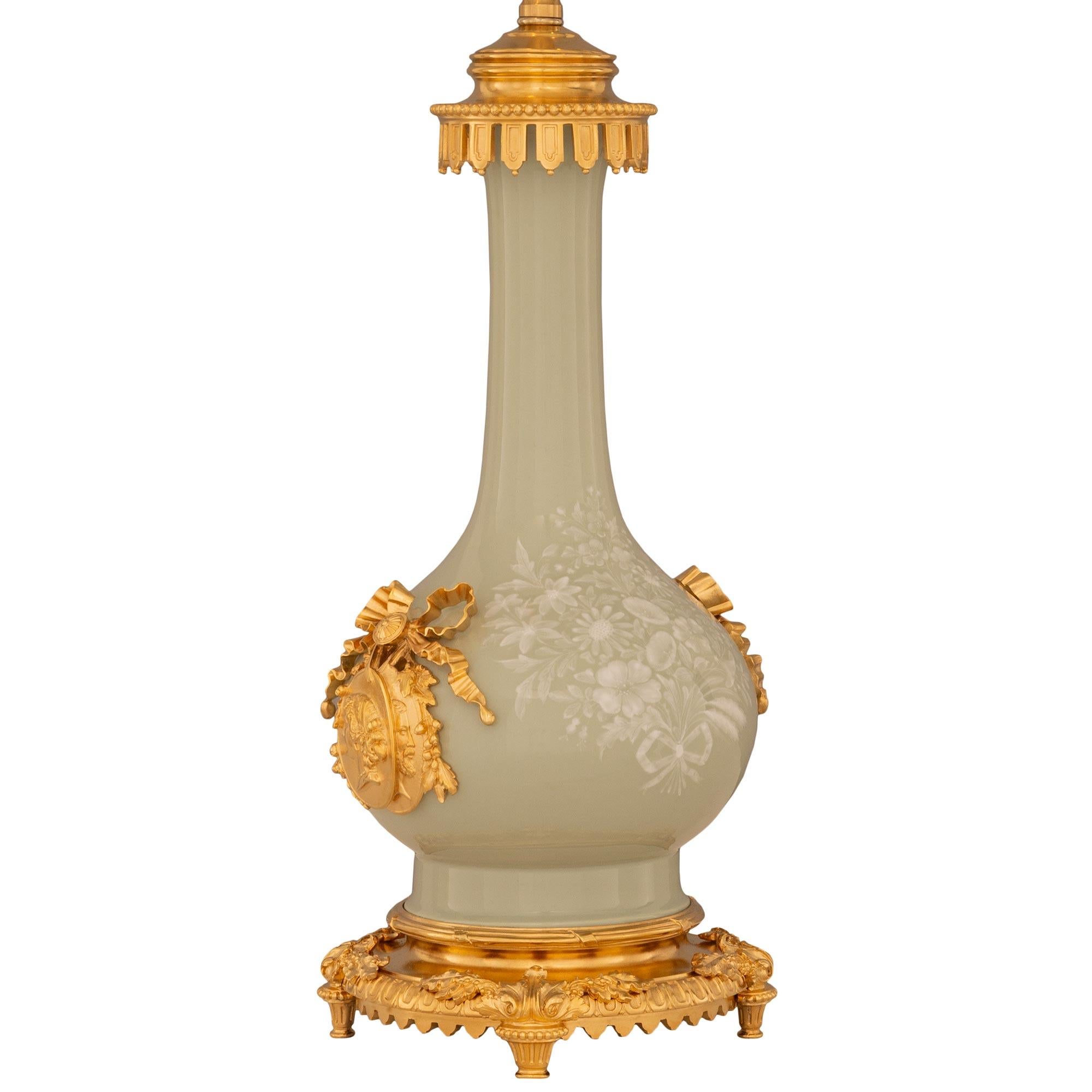 French 19th Century Louis XVI St. Celadon Porcelain And Ormolu Lamp In Good Condition For Sale In West Palm Beach, FL