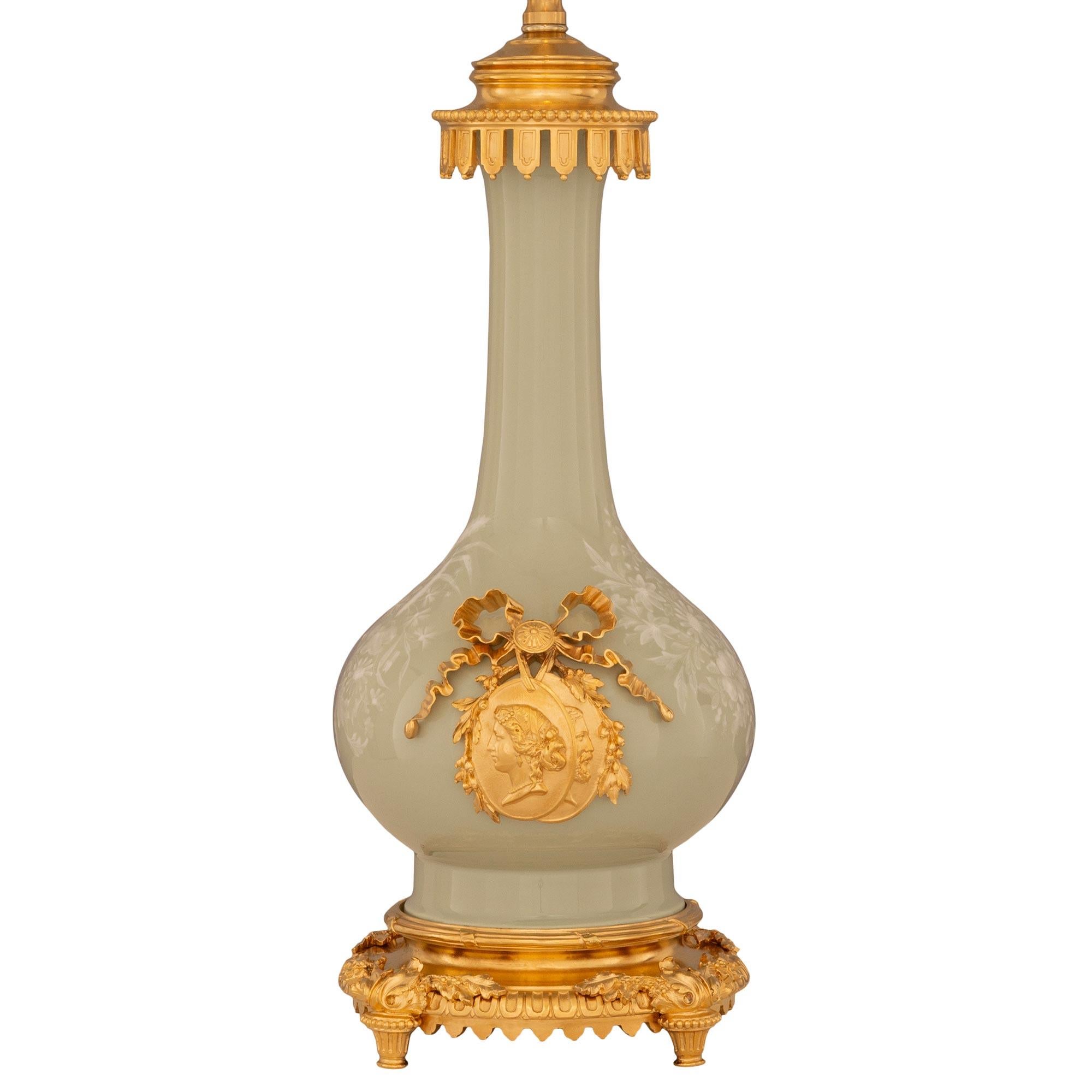 French 19th Century Louis XVI St. Celadon Porcelain And Ormolu Lamp For Sale 1