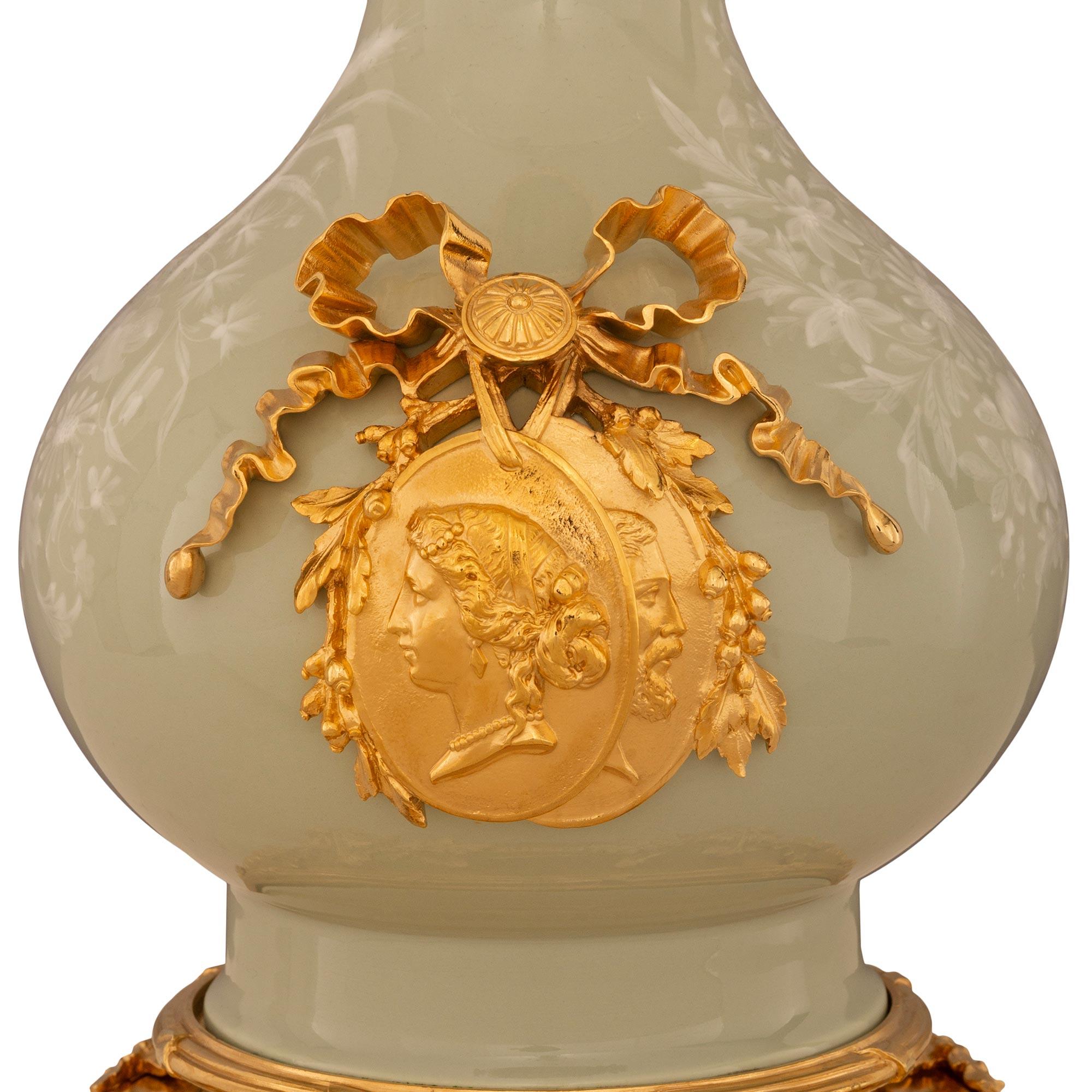French 19th Century Louis XVI St. Celadon Porcelain And Ormolu Lamp For Sale 3