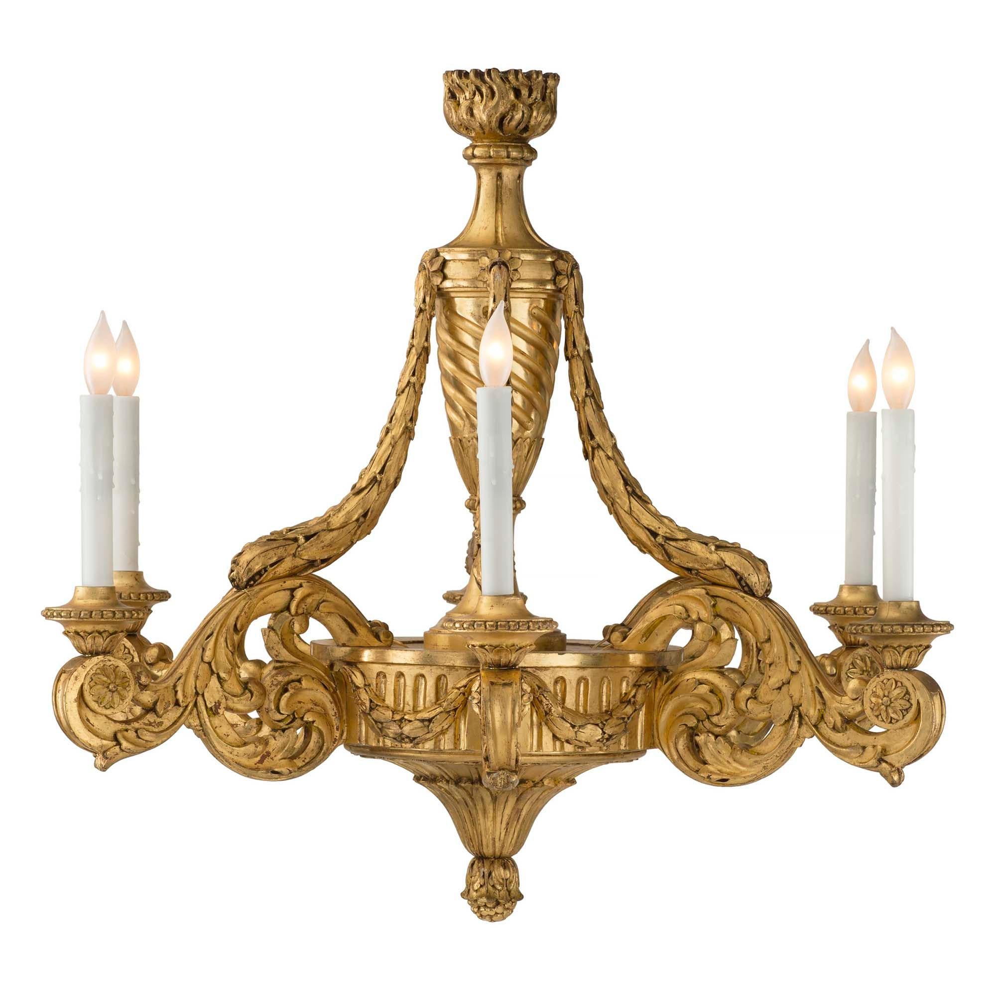 French 19th Century Louis XVI St. Circular Giltwood Six Arm Chandelier In Good Condition For Sale In West Palm Beach, FL