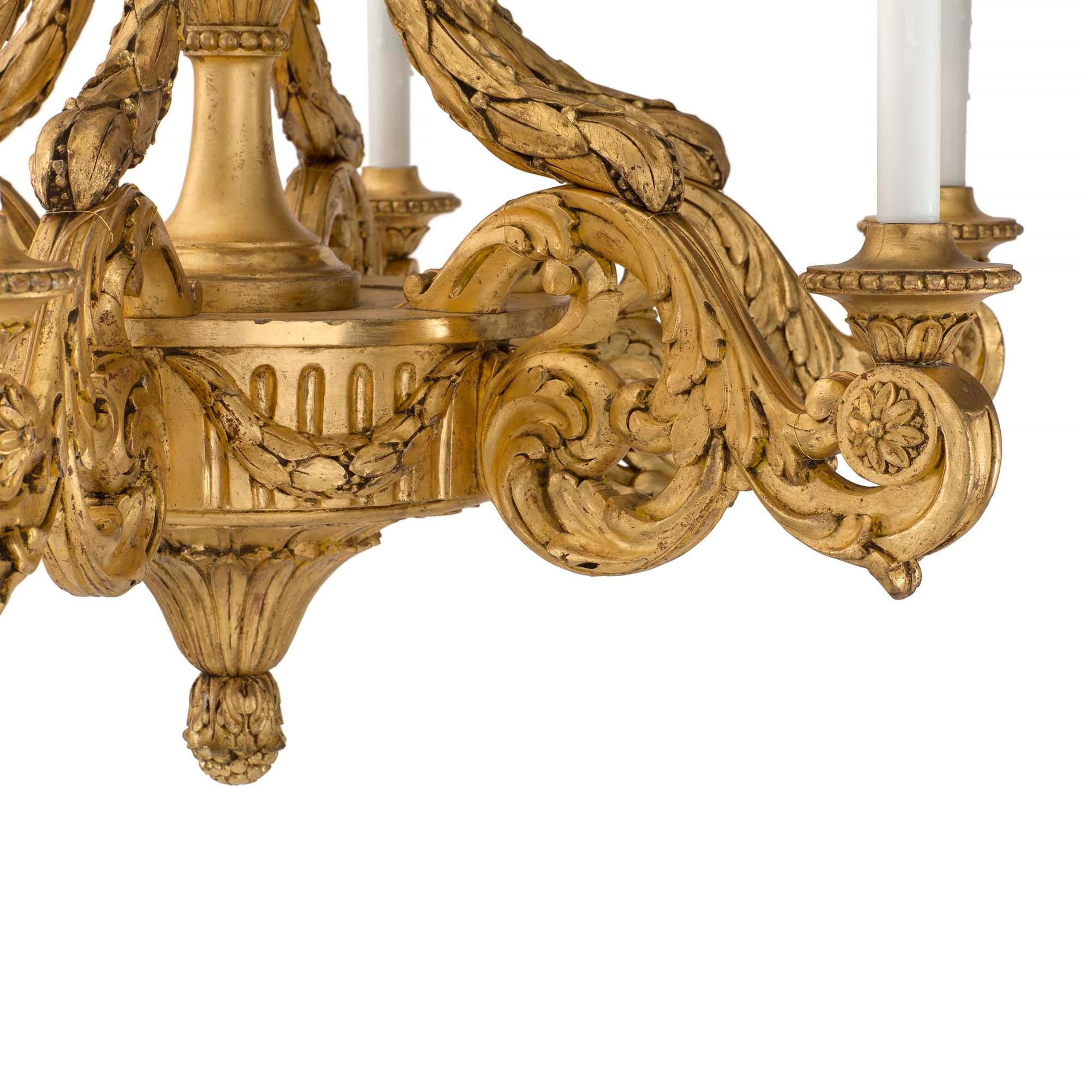 French 19th Century Louis XVI St. Circular Giltwood Six Arm Chandelier For Sale 2