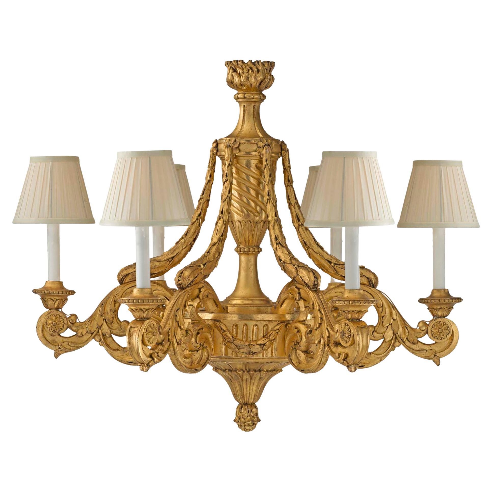 French 19th Century Louis XVI St. Circular Giltwood Six Arm Chandelier