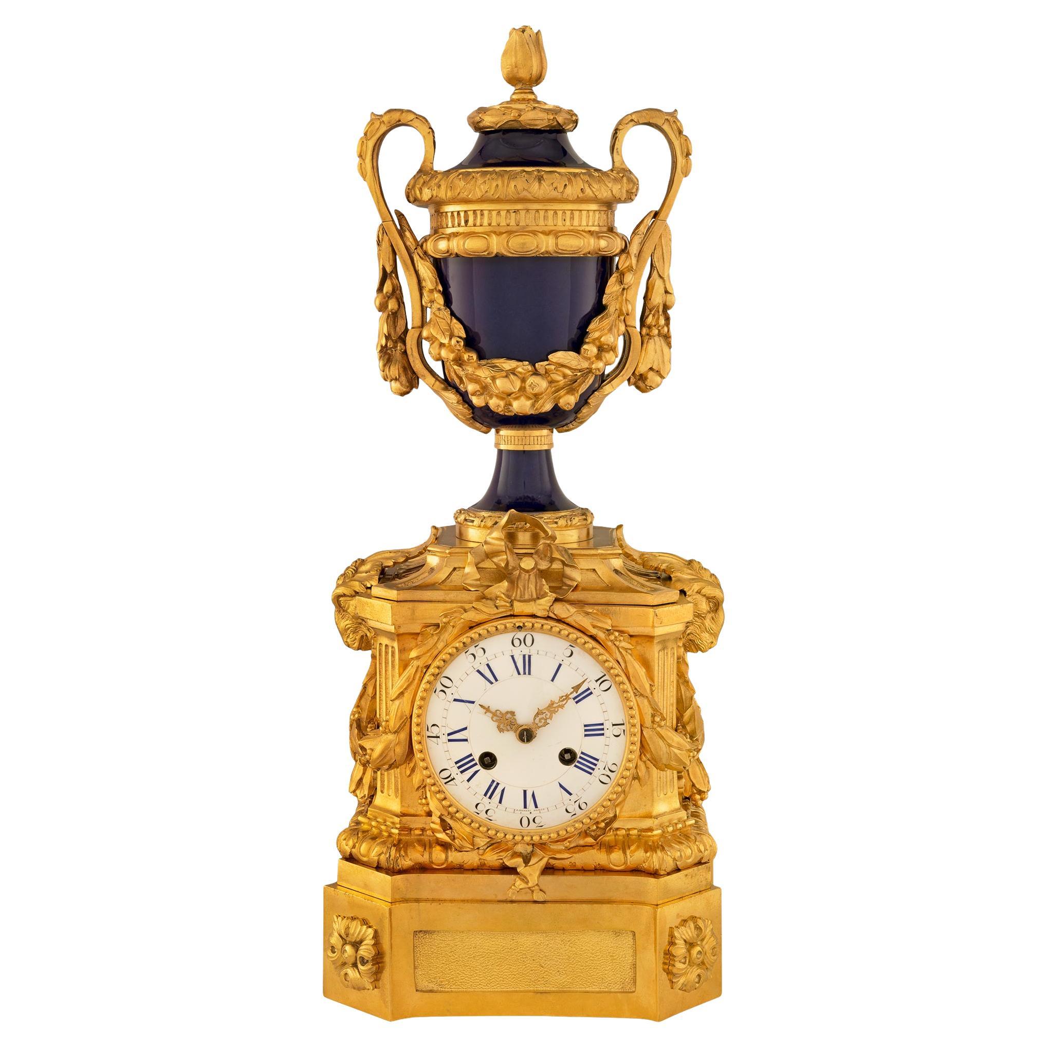 French 19th Century Louis XVI St. Cobalt Blue Porcelain and Ormolu Clock