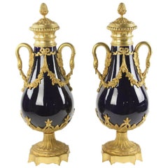 Vintage French 19th Century Louis XVI Style Cobalt Blue Porcelain and Ormolu Urns