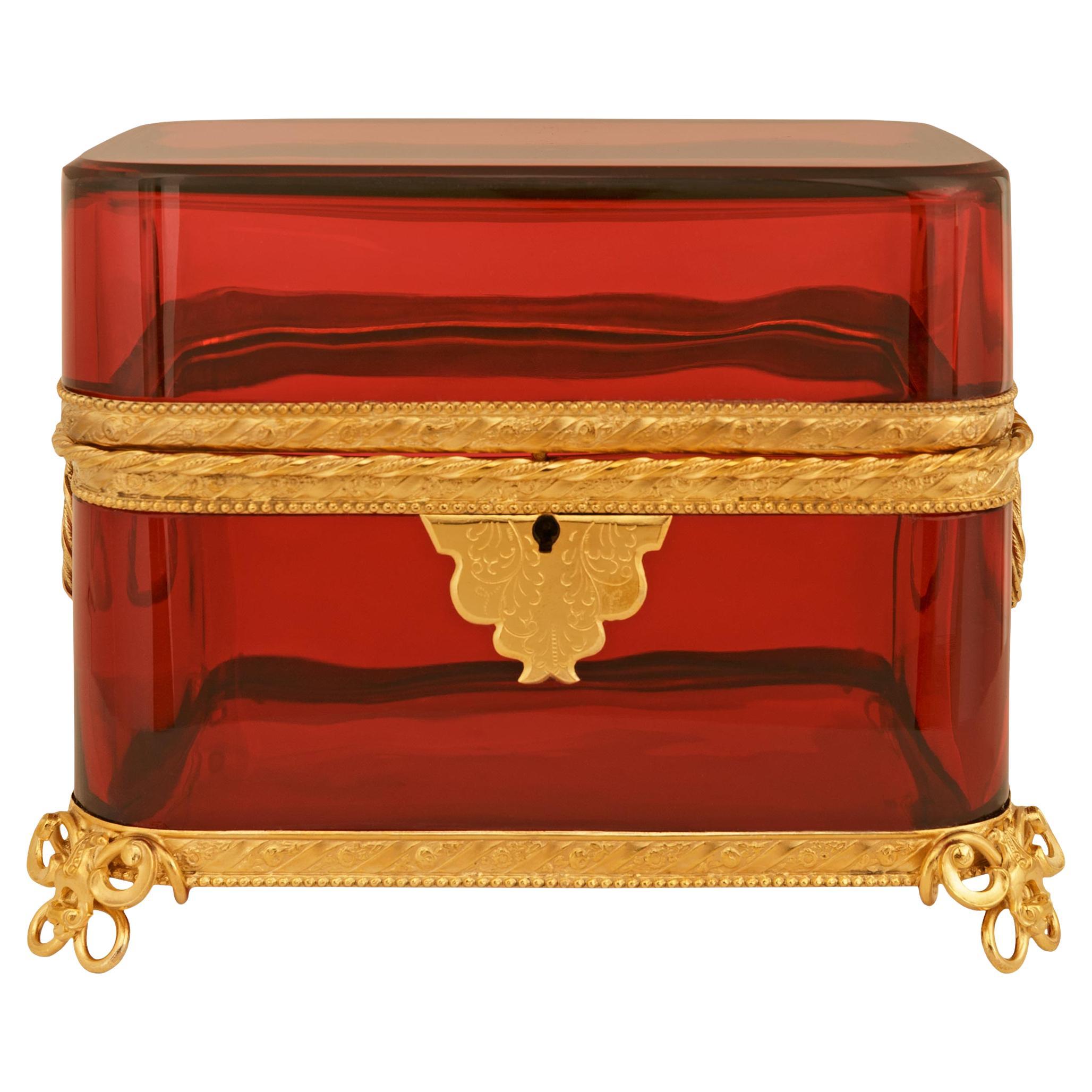 French 19th century Louis XVI st. Cranberry Glass and Gilt Metal box