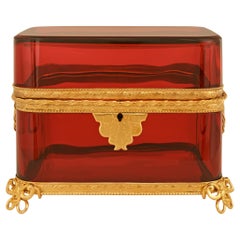 French 19th century Louis XVI st. Cranberry Glass and Gilt Metal box