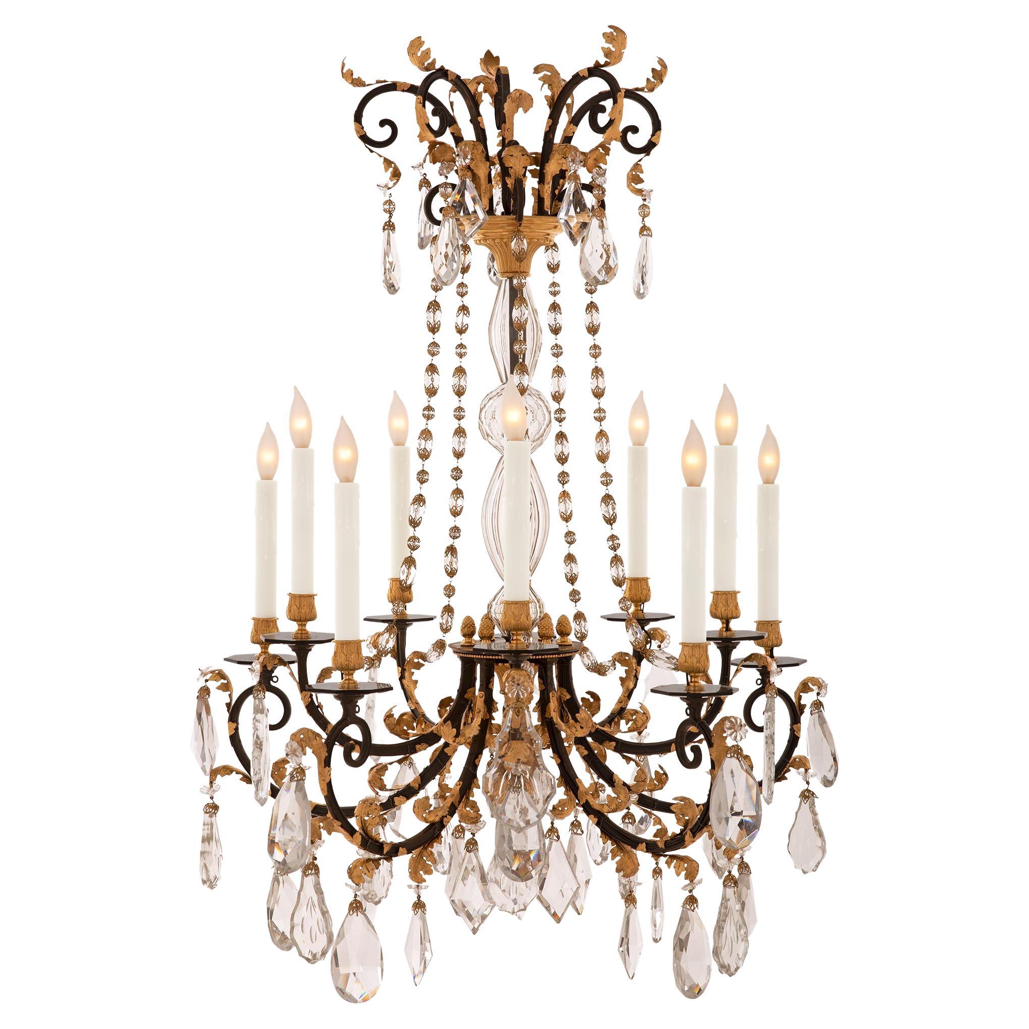 French 19th Century Louis XVI St. Crystal, Ormolu, and Wrought Iron Chandelier