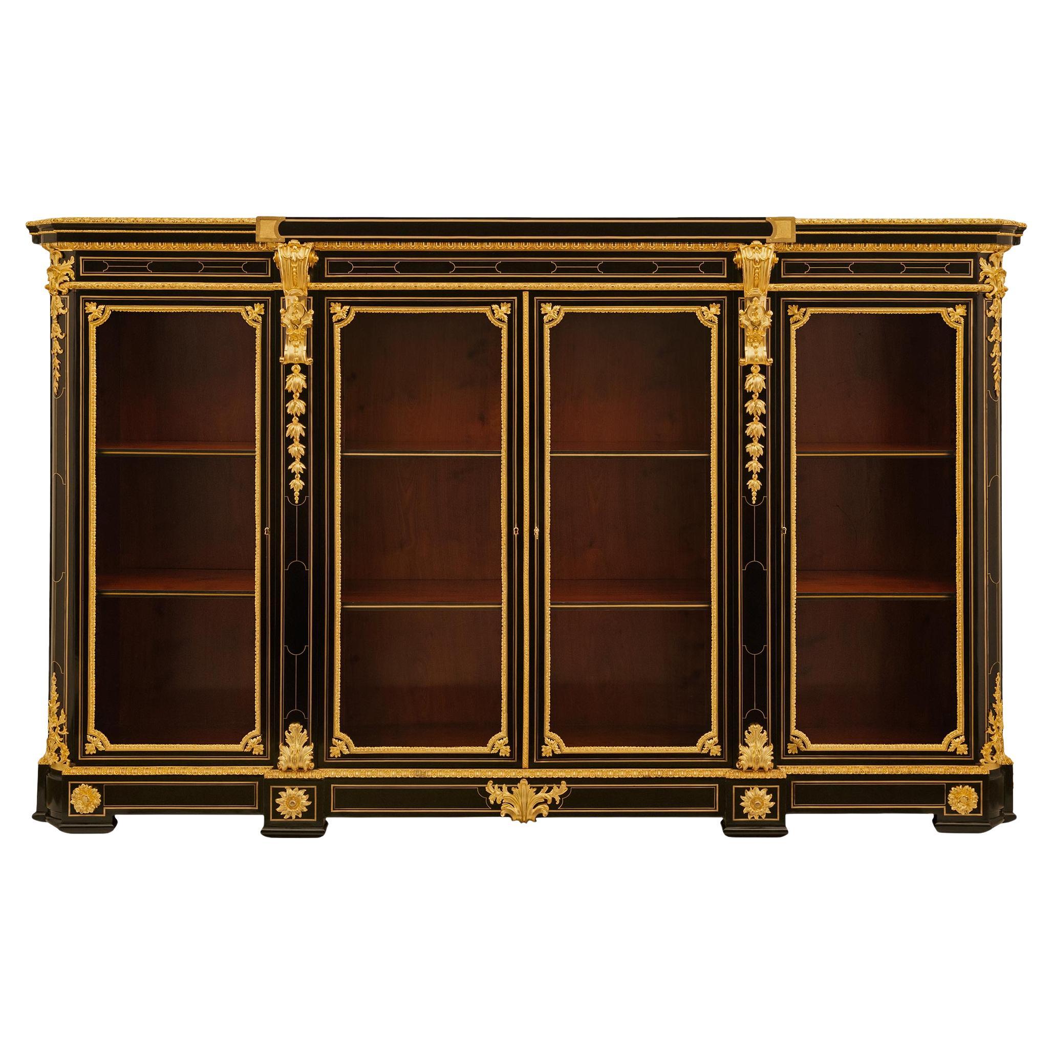French 19th century Louis XVI st. Ebony and Ormolu Boulle vitrine