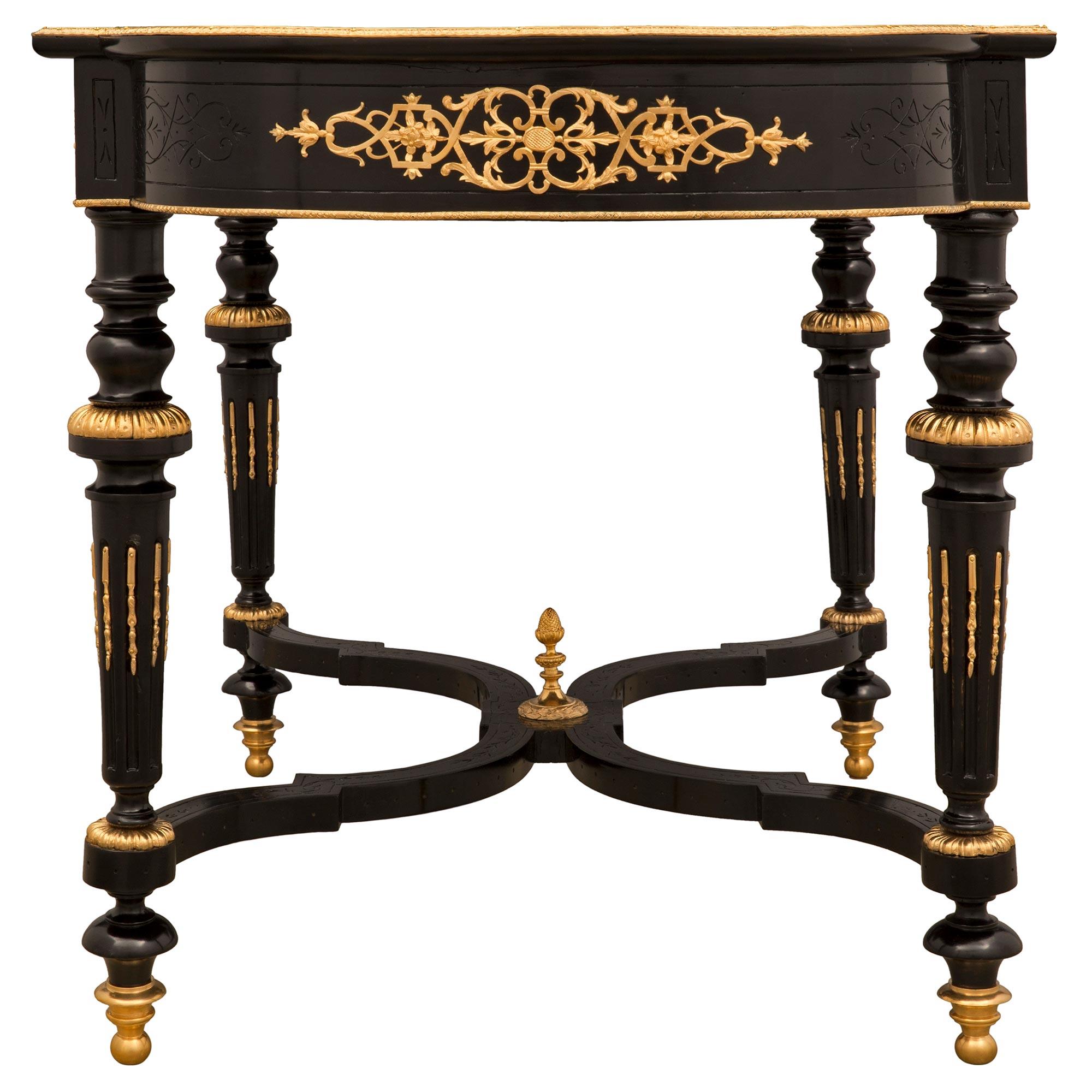 French 19th Century Louis XVI St. Ebony and Ormolu Center Table For Sale 1