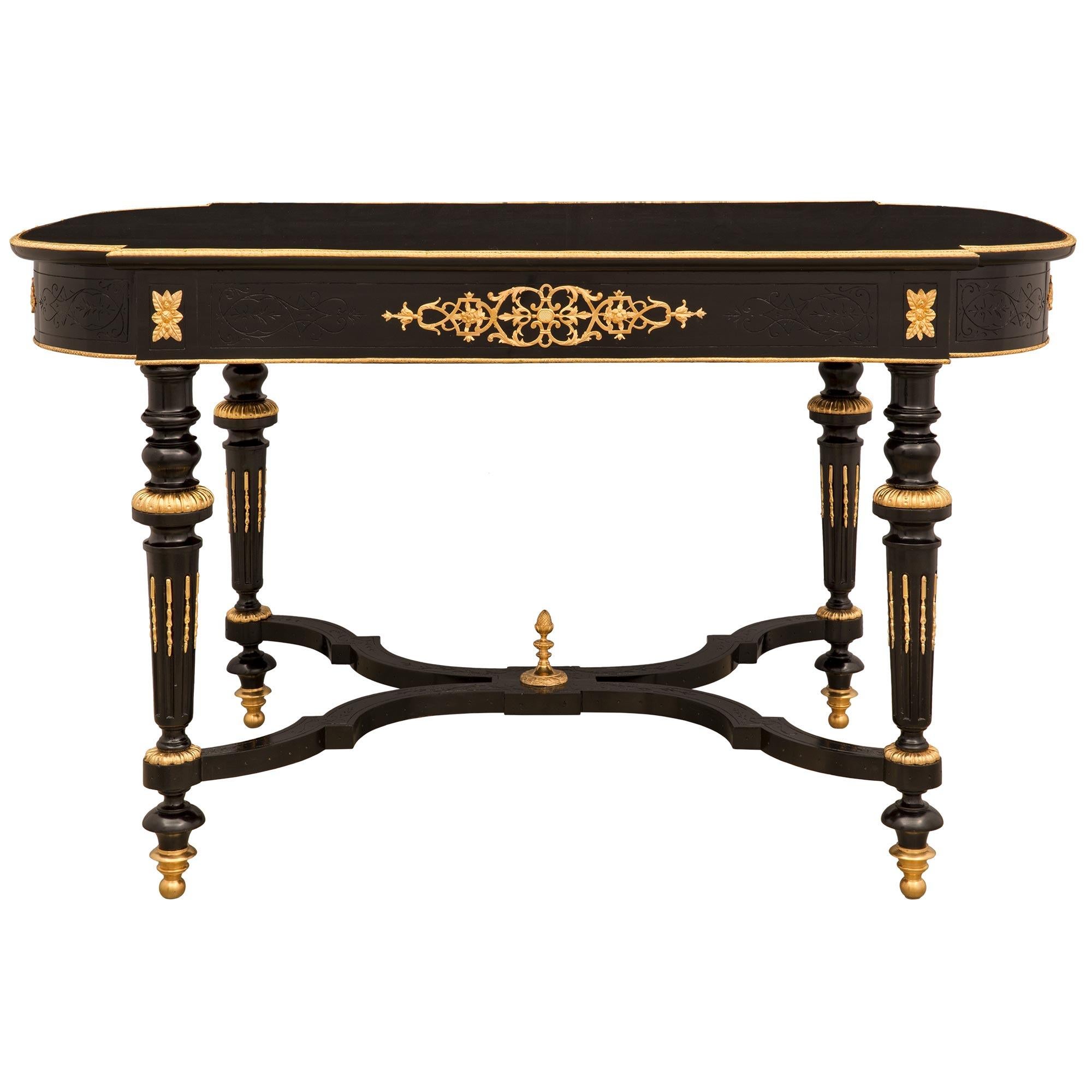 French 19th Century Louis XVI St. Ebony and Ormolu Center Table For Sale