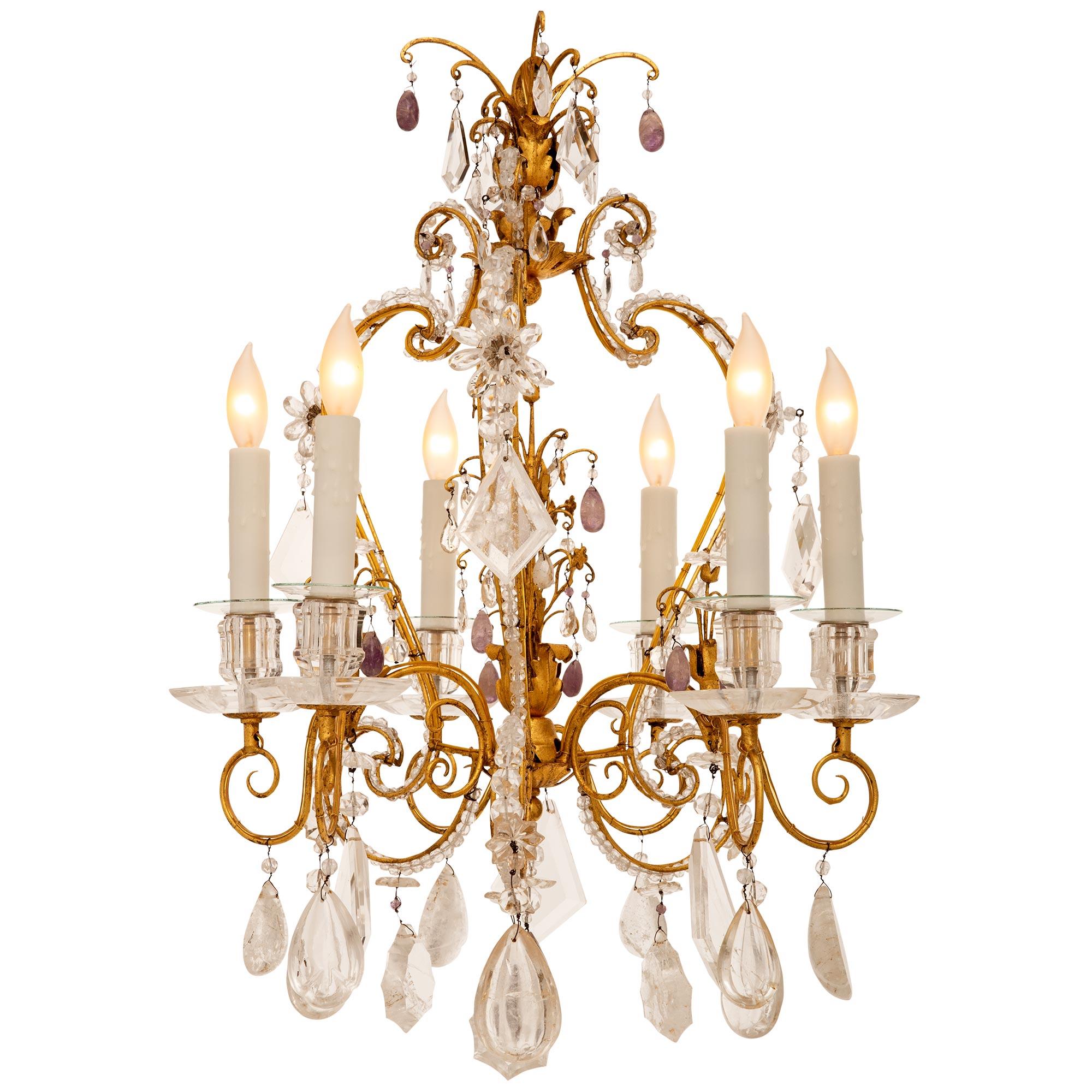 French 19th Century Louis XVI St. Gilt Iron And Rock Crystal Chandelier In Good Condition For Sale In West Palm Beach, FL