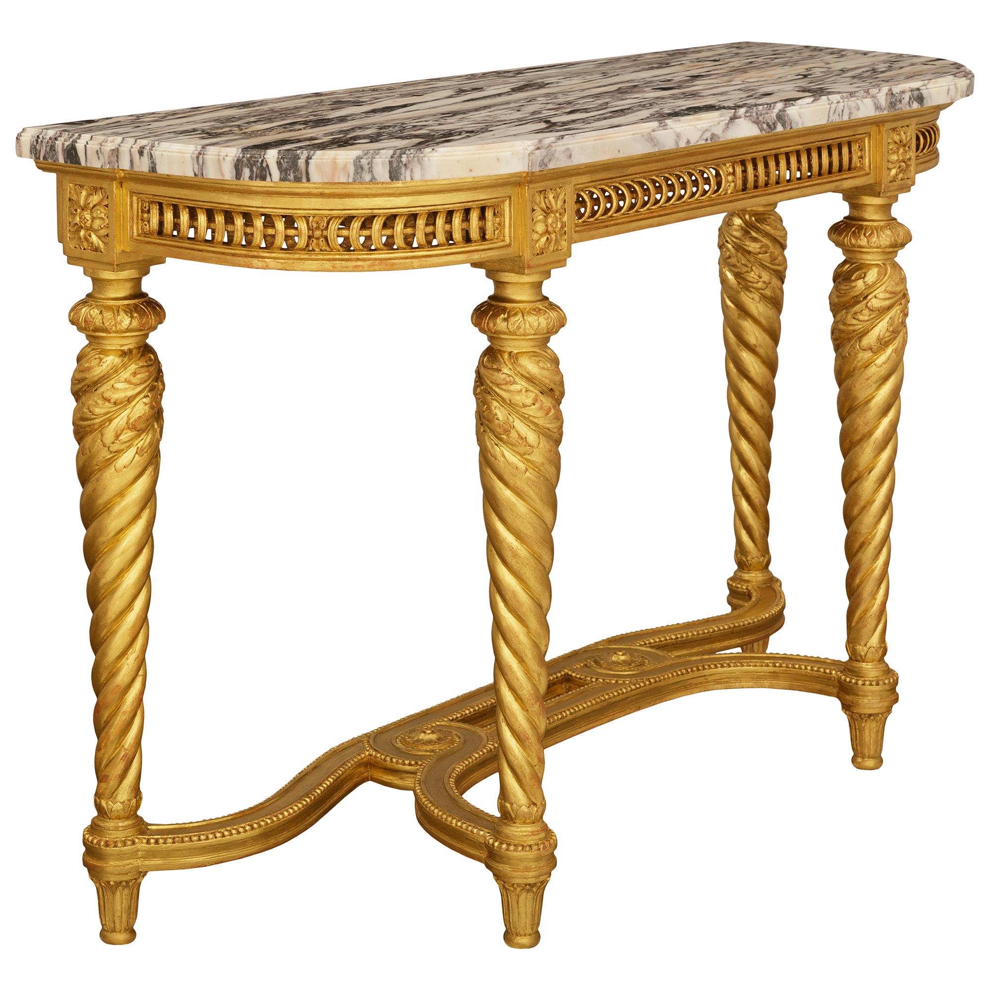 Francese Consolle francese del XIX secolo in stile Luigi XVI in legno dorato e marmo Breccia Viola in vendita