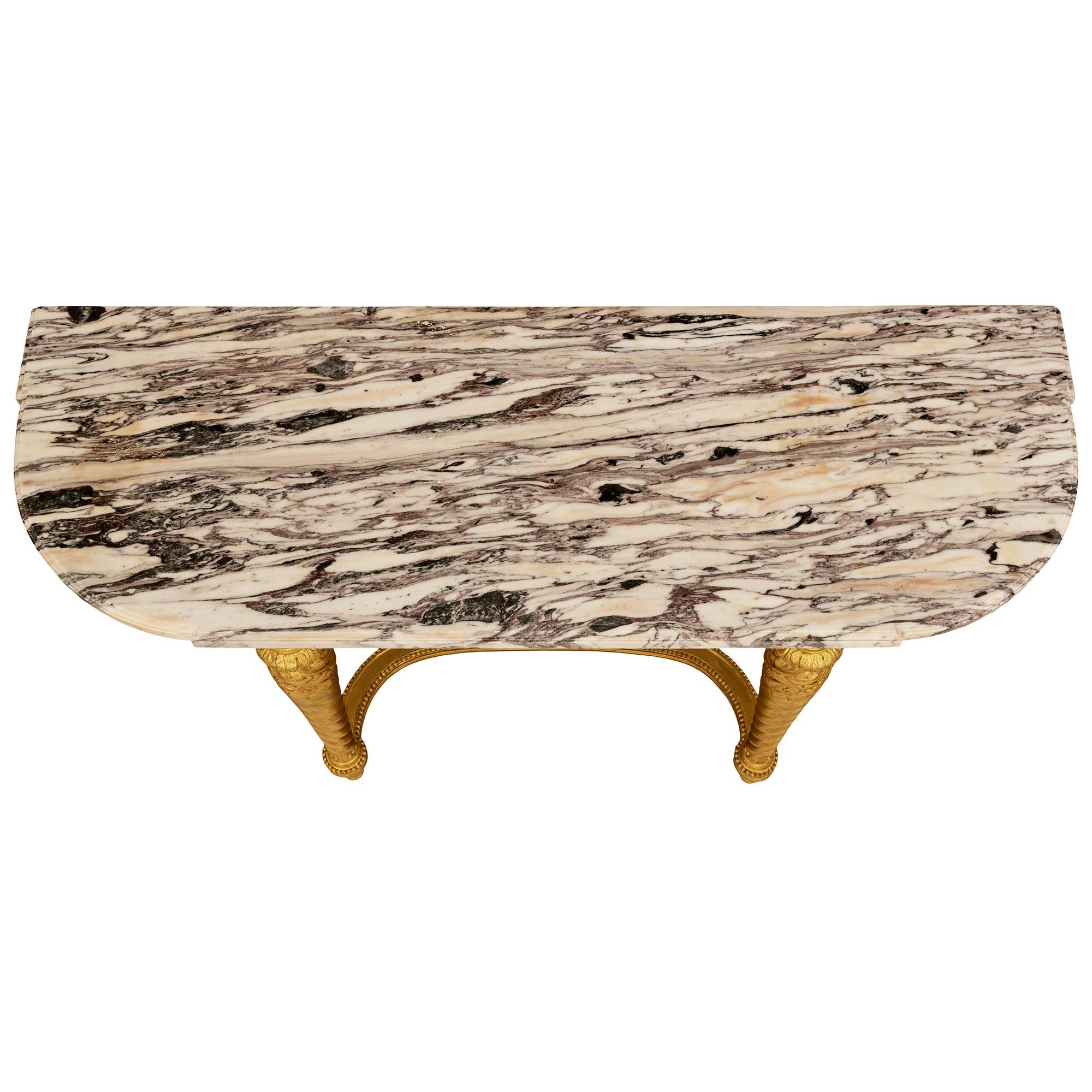 Consolle francese del XIX secolo in stile Luigi XVI in legno dorato e marmo Breccia Viola in vendita 4