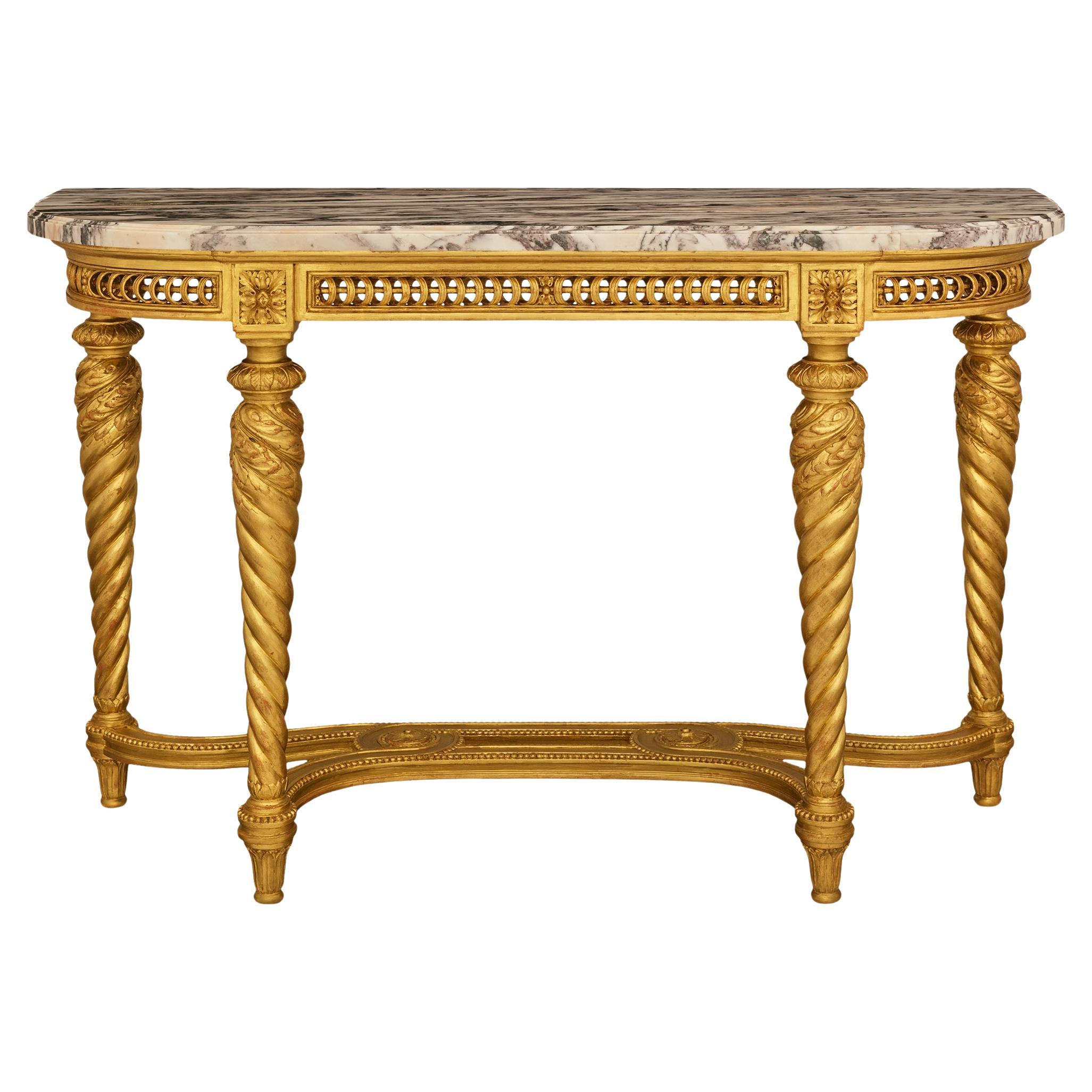 Consolle francese del XIX secolo in stile Luigi XVI in legno dorato e marmo Breccia Viola in vendita