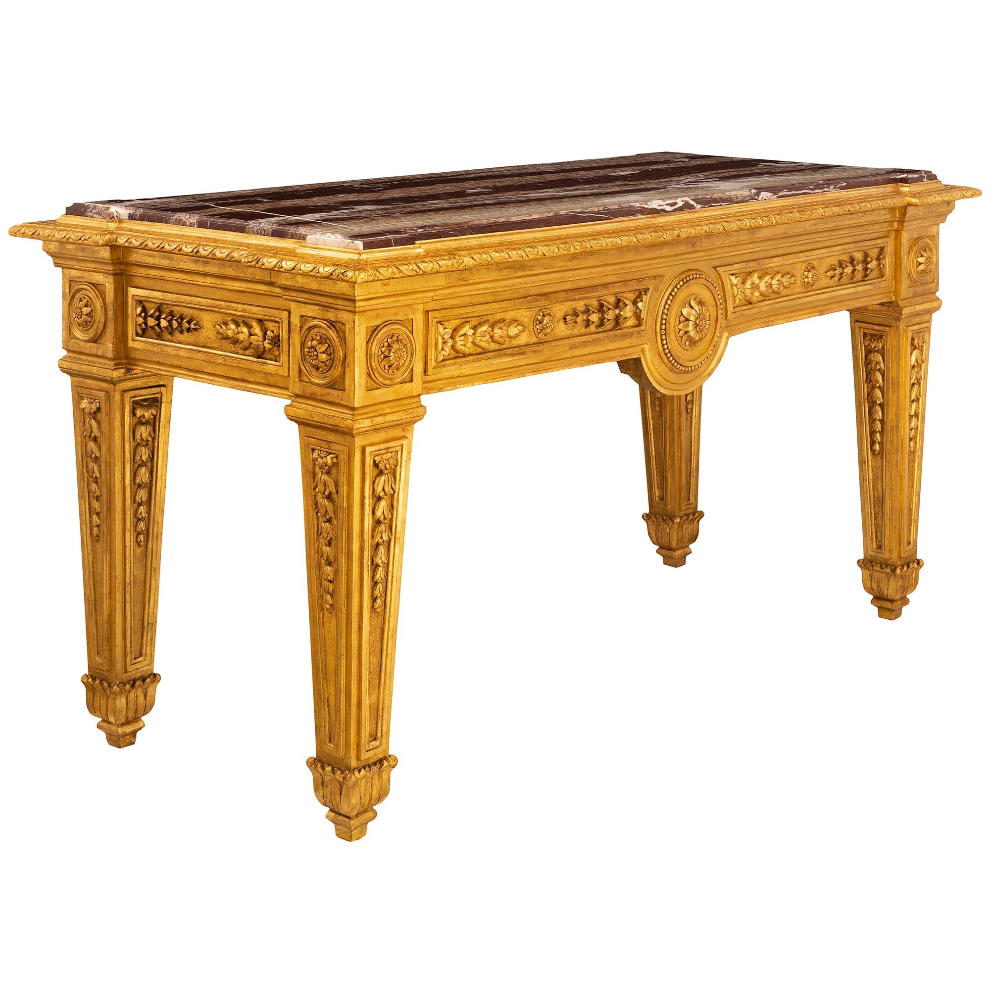Table centrale Louis XVI du 19ème siècle en bois doré et marbre Campan Ruban de style français Bon état - En vente à West Palm Beach, FL