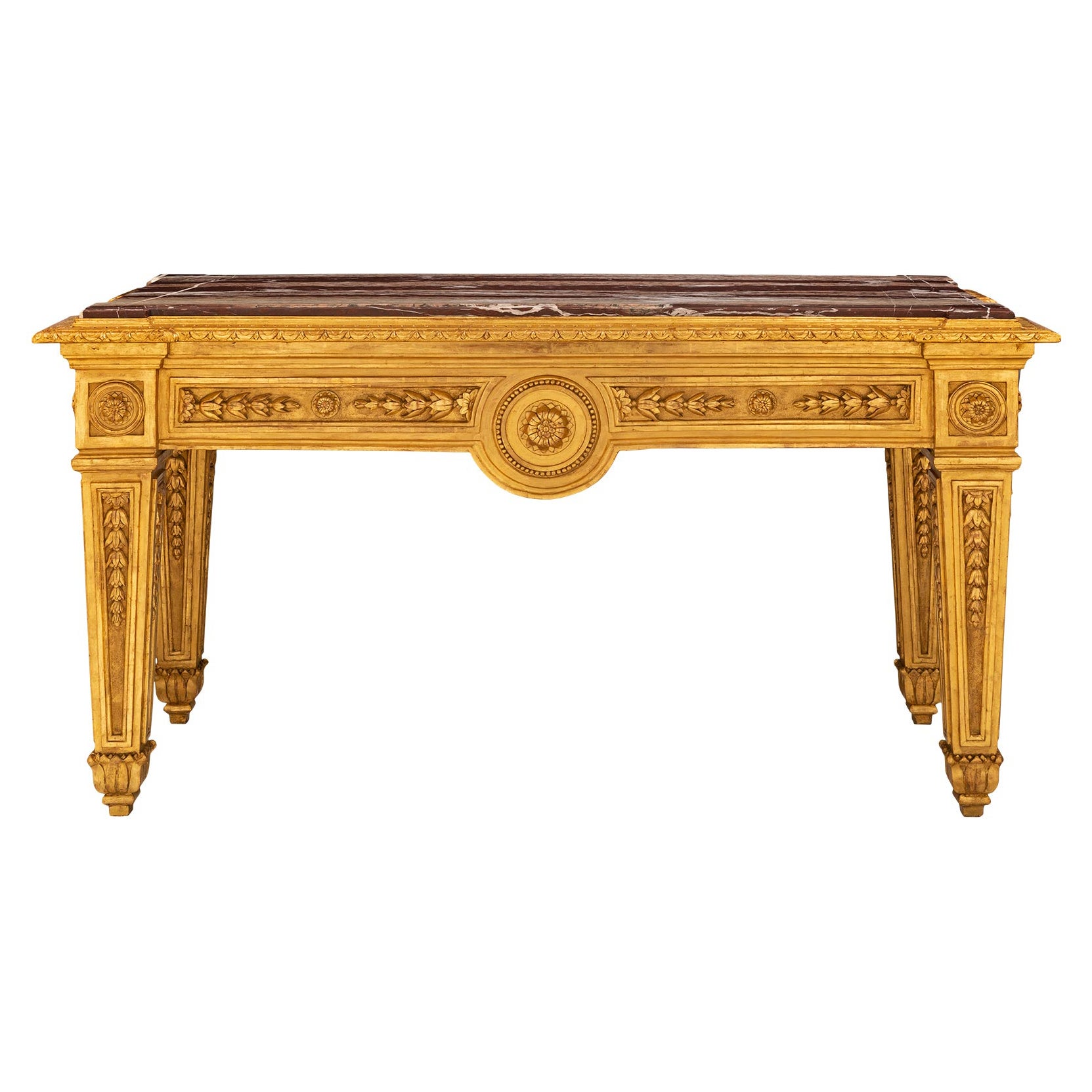 Tavolo da centro francese del XIX secolo Luigi XVI in legno di gilt e marmo rubané campano