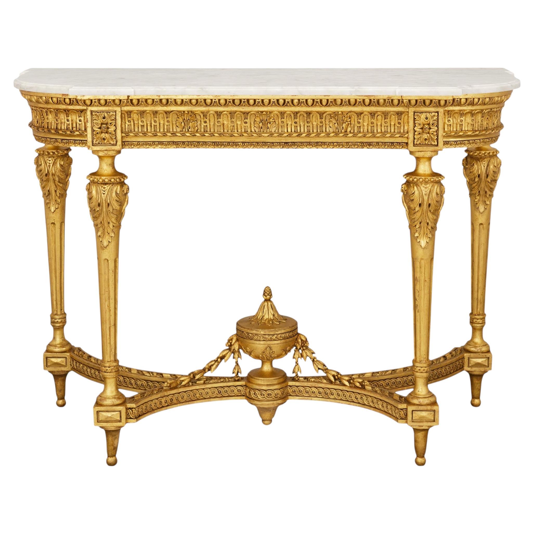 Console francese del XIX secolo in stile Luigi XVI, in legno dorato e marmo di Carrara in vendita