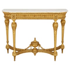 Console française du XIXe siècle, de style Louis XVI, en bois doré et marbre de Carrare