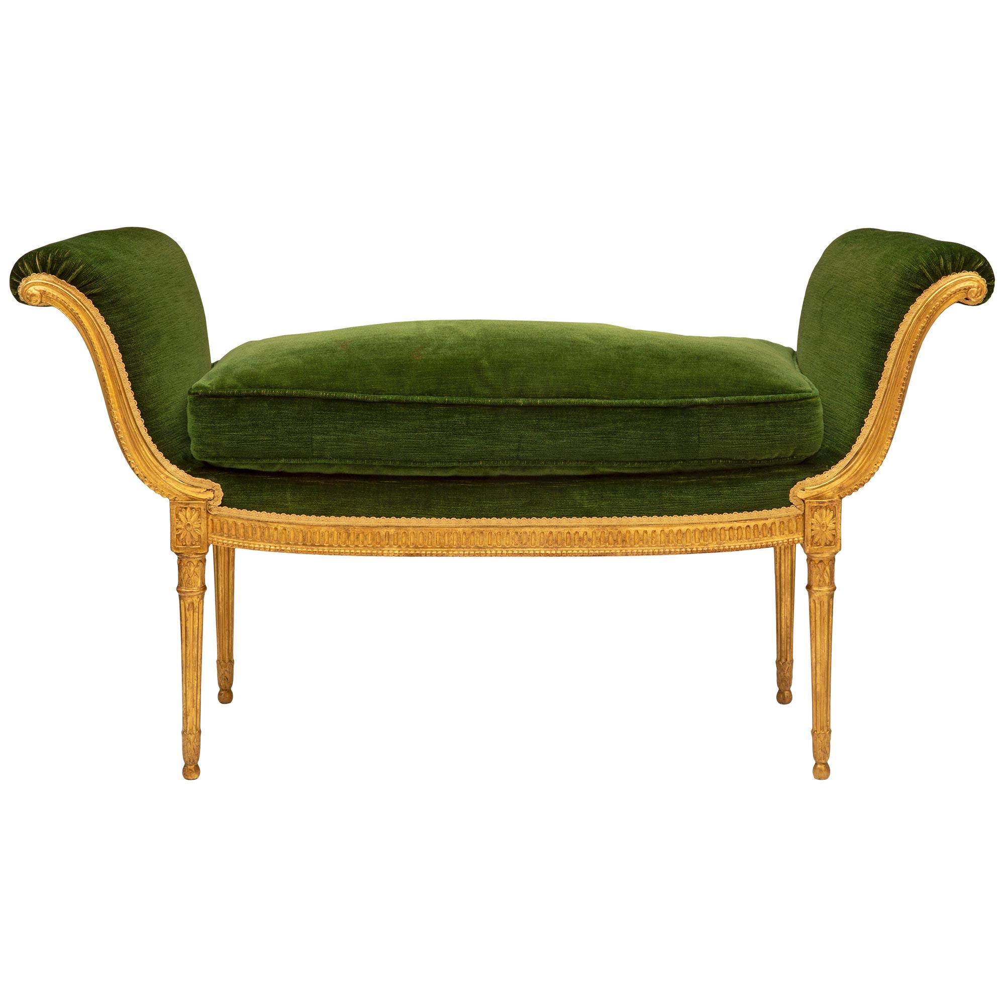 French 19th Century Louis XVI St. Giltwood And Green Velvet Bench In Good Condition For Sale In West Palm Beach, FL