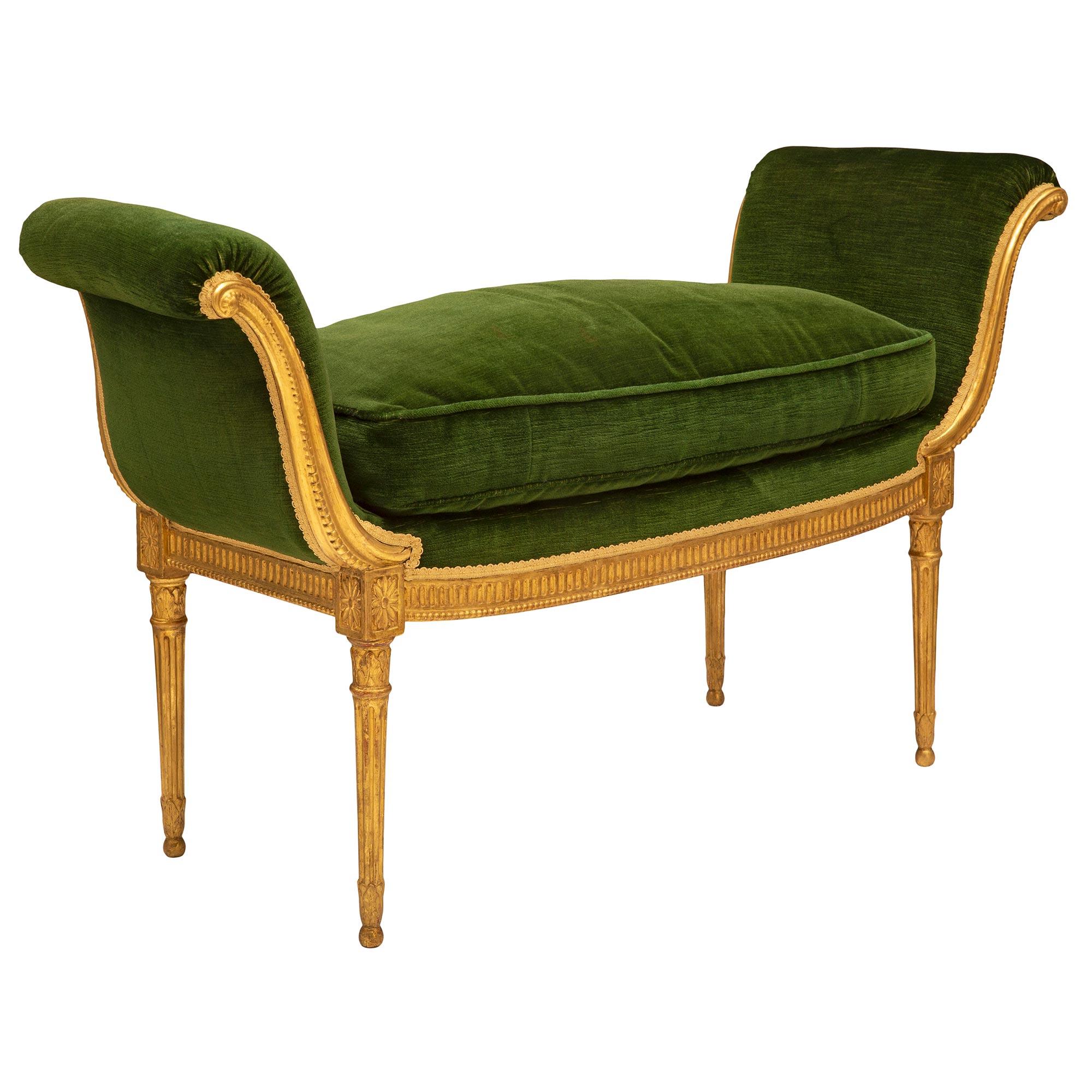 French 19th Century Louis XVI St. Giltwood And Green Velvet Bench For Sale 1