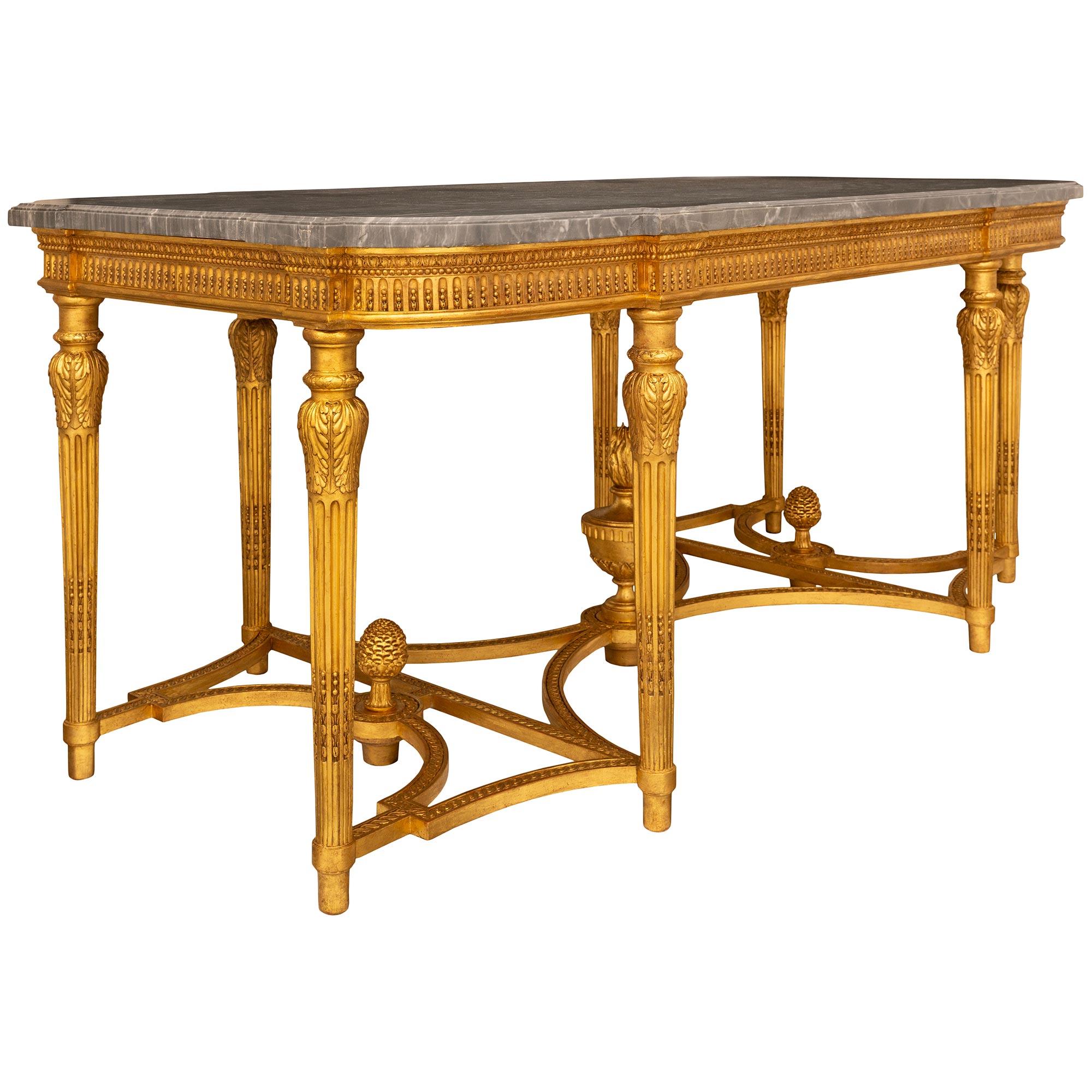 French 19th Century Louis XVI St. Giltwood And Gris St. Anne Marble Center Table For Sale 1