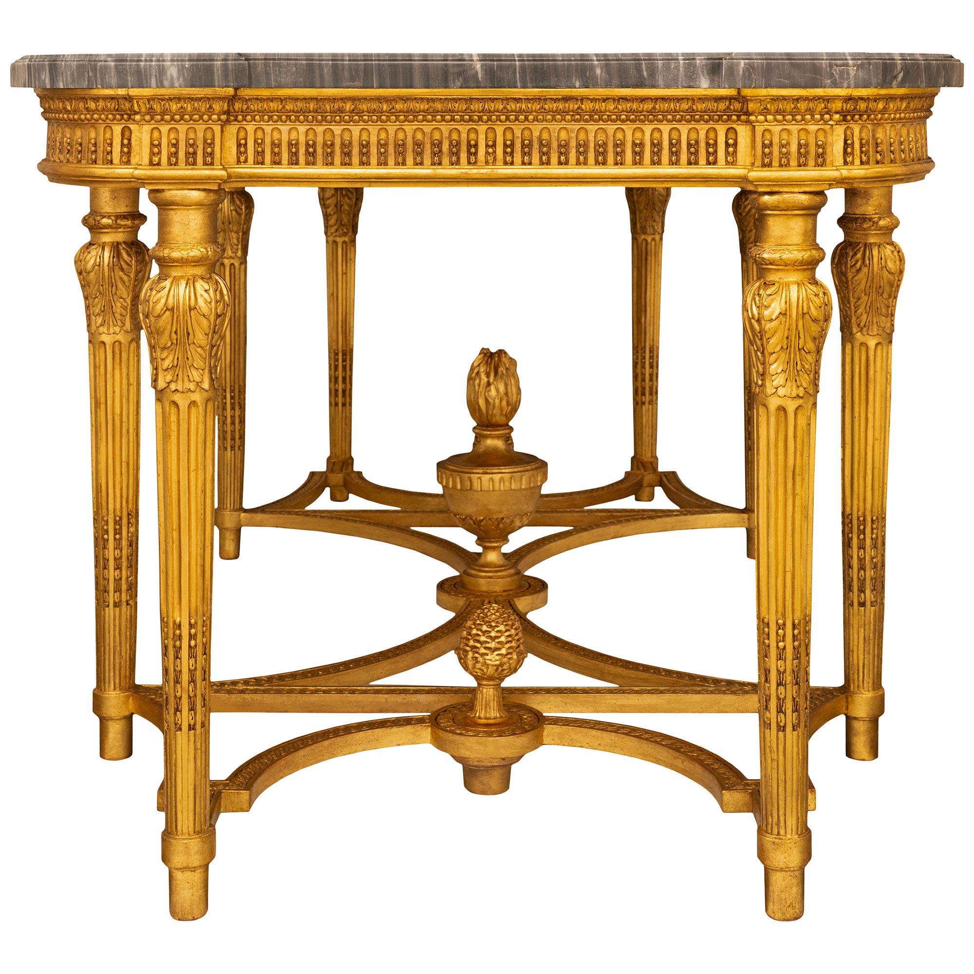 French 19th Century Louis XVI St. Giltwood And Gris St. Anne Marble Center Table For Sale 2