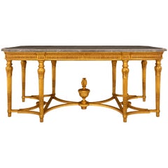 Table de centre en bois doré et marbre gris St. Anne de style Louis XVI du 19ème siècle