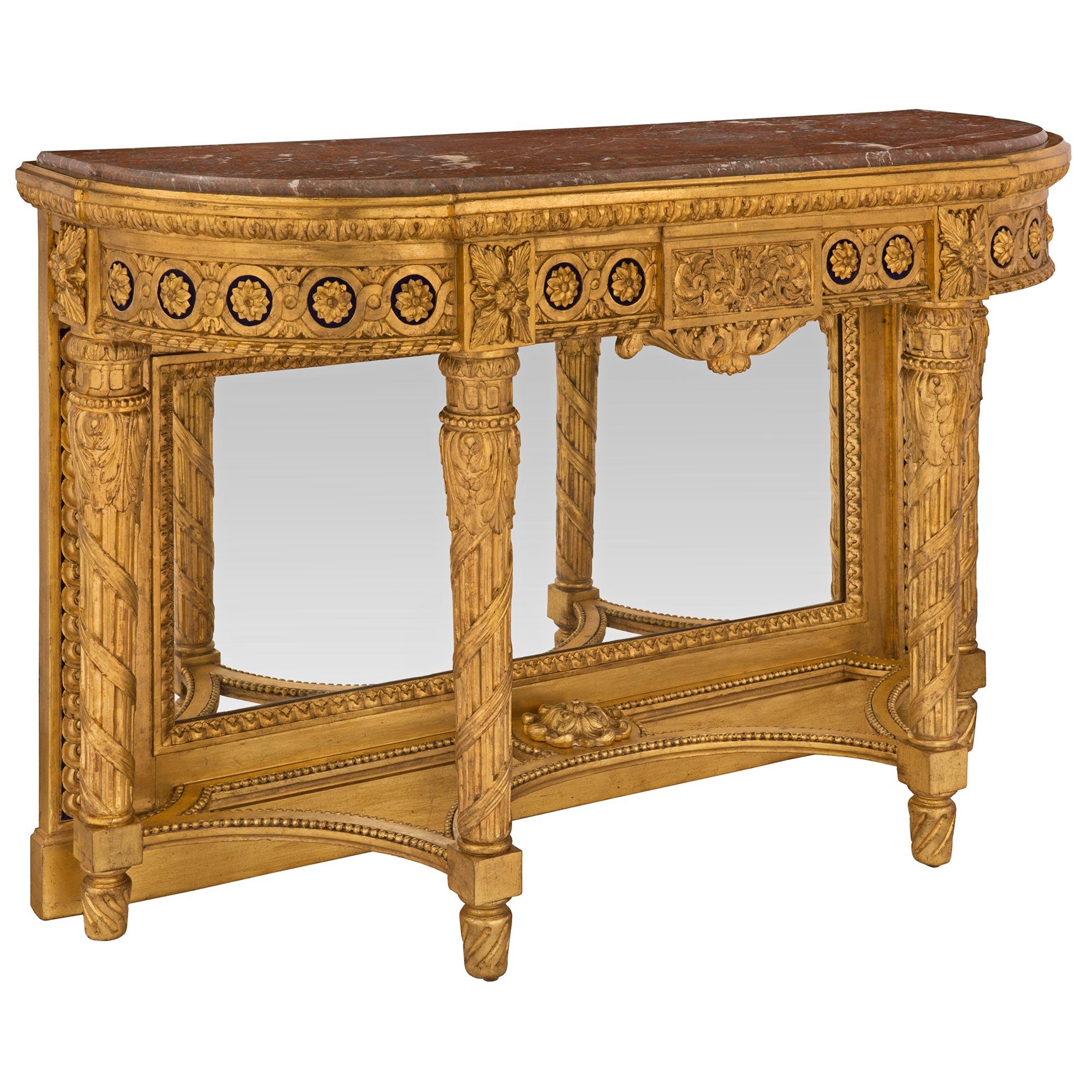 Belle Époque Console française du 19ème siècle de style Louis XVI en bois doré et miroir en marbre en vente