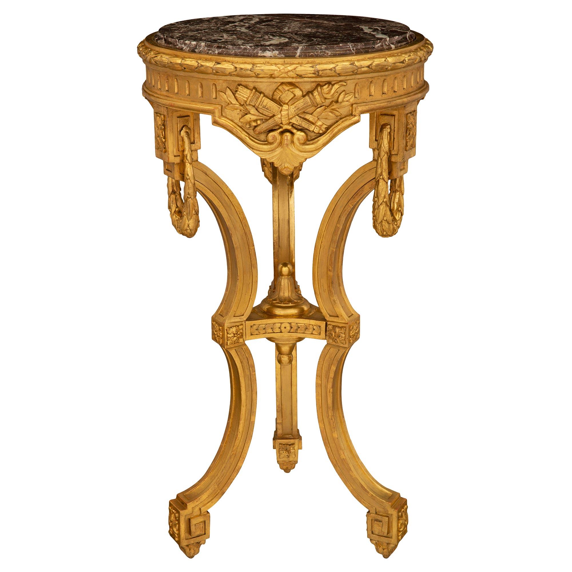 French 19th Century Louis XVI St. Giltwood and Marble Side Table/Pedestal In Good Condition For Sale In West Palm Beach, FL