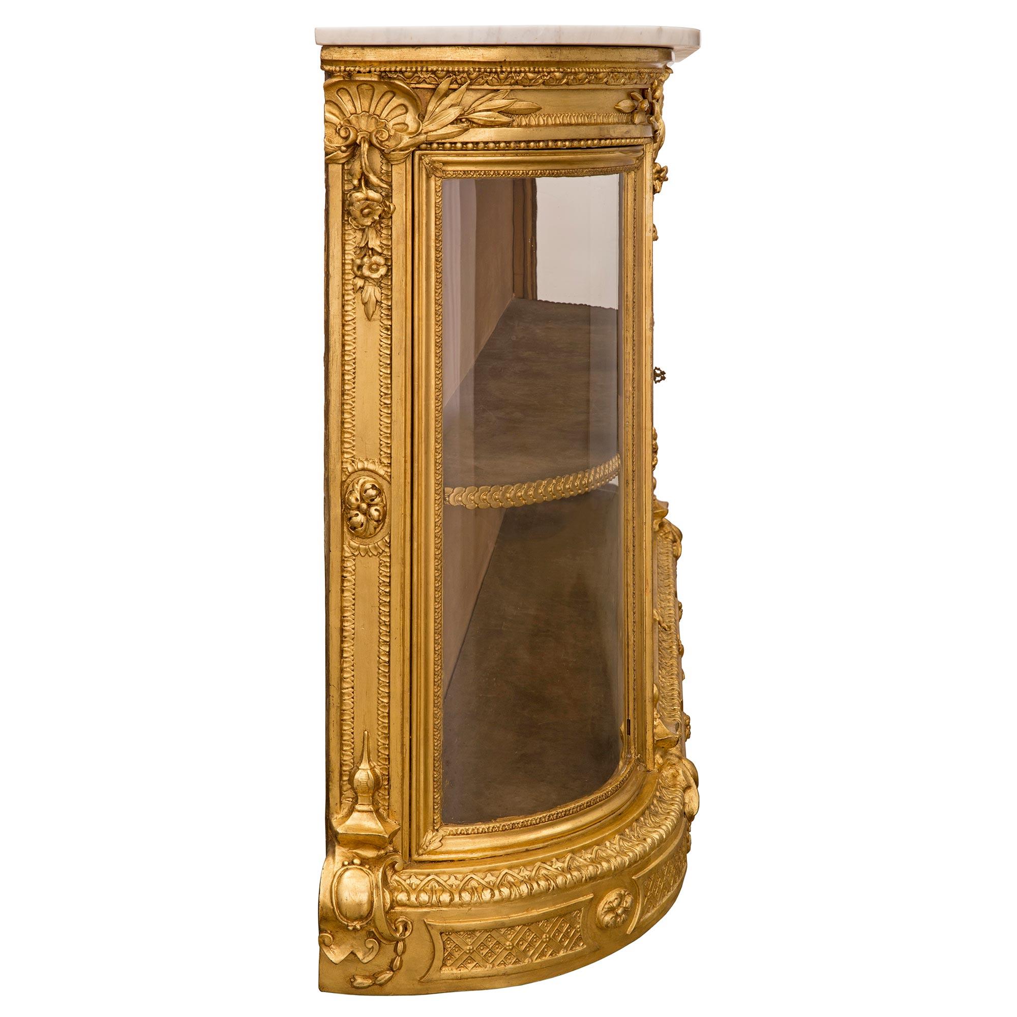 Carrara Marble French 19th Century Louis XVI St. Giltwood and Marble Vitrine Cabinet For Sale
