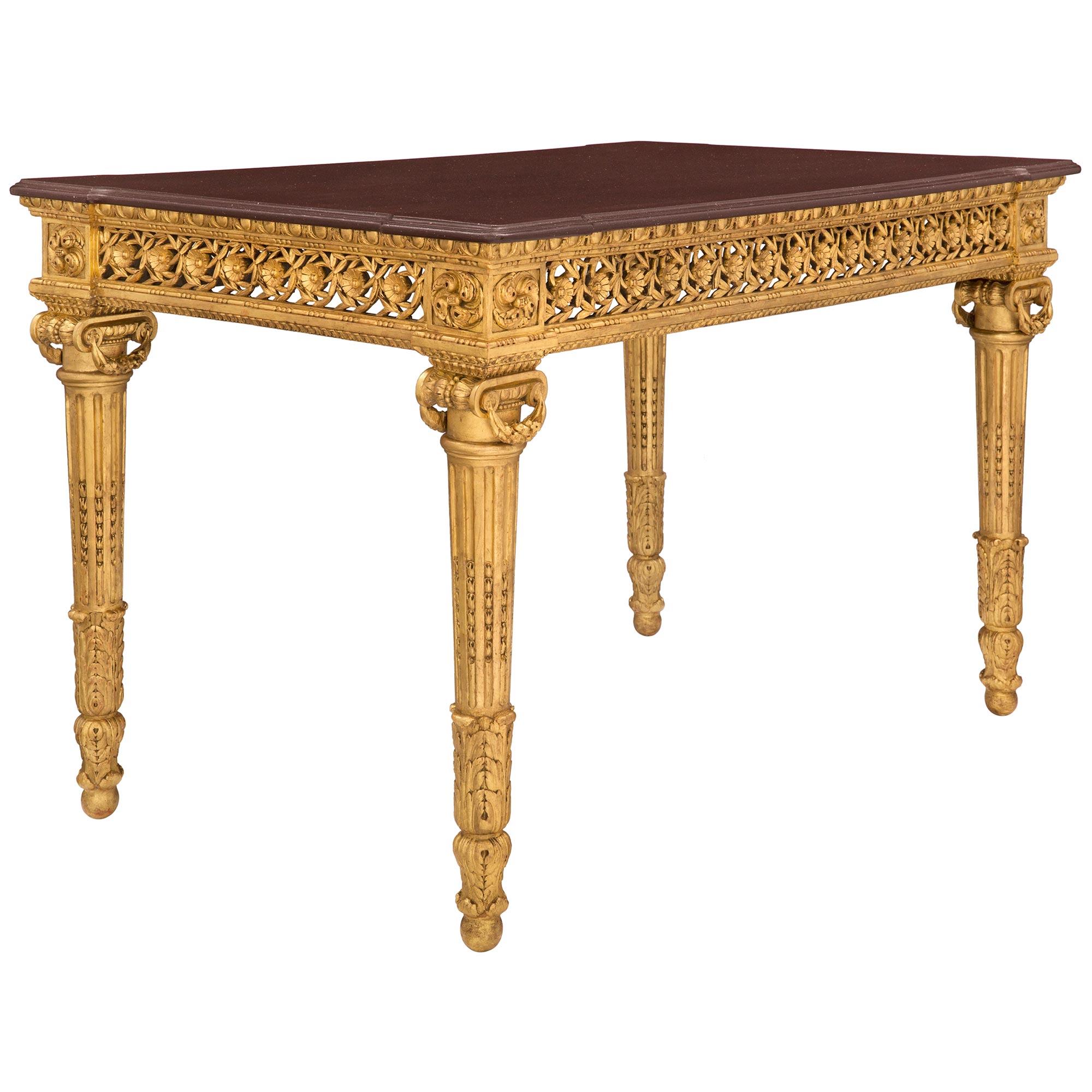 French 19th Century Louis XVI St. Giltwood and Porphyry Center Table In Good Condition For Sale In West Palm Beach, FL