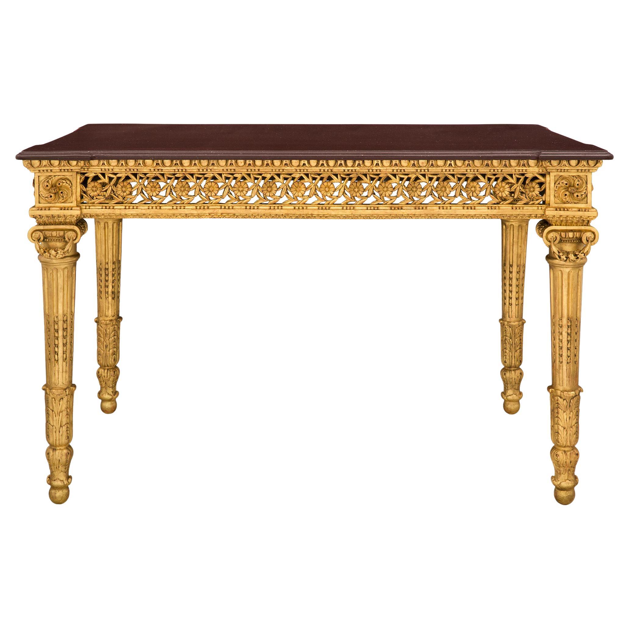 French 19th Century Louis XVI St. Giltwood and Porphyry Center Table