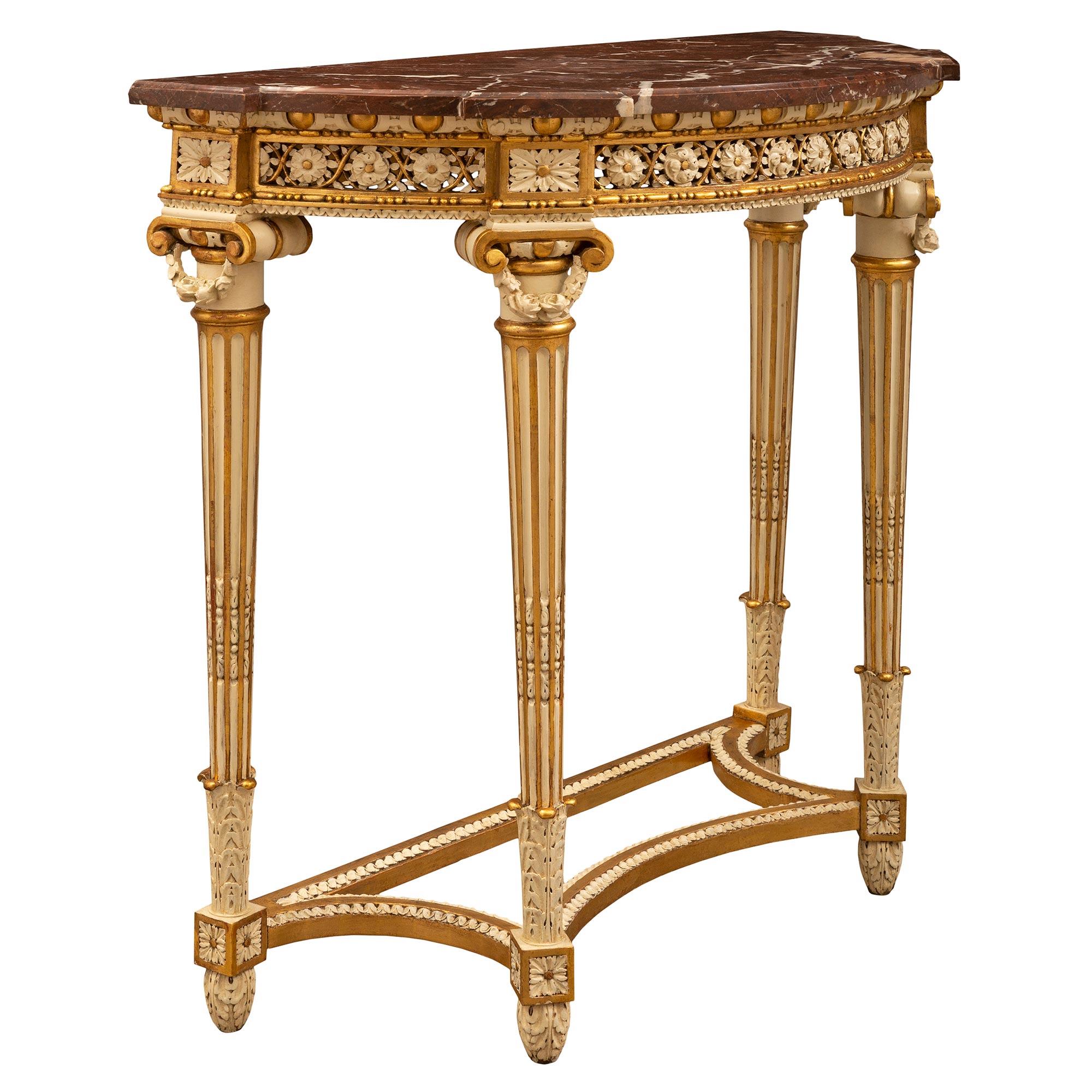 Patinated French 19th Century Louis XVI St. Giltwood and Rouge Des Pyrénées Marble Console For Sale