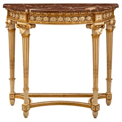 Console française du 19ème siècle de style Louis XVI en bois doré et marbre Rouge des Pyrnes