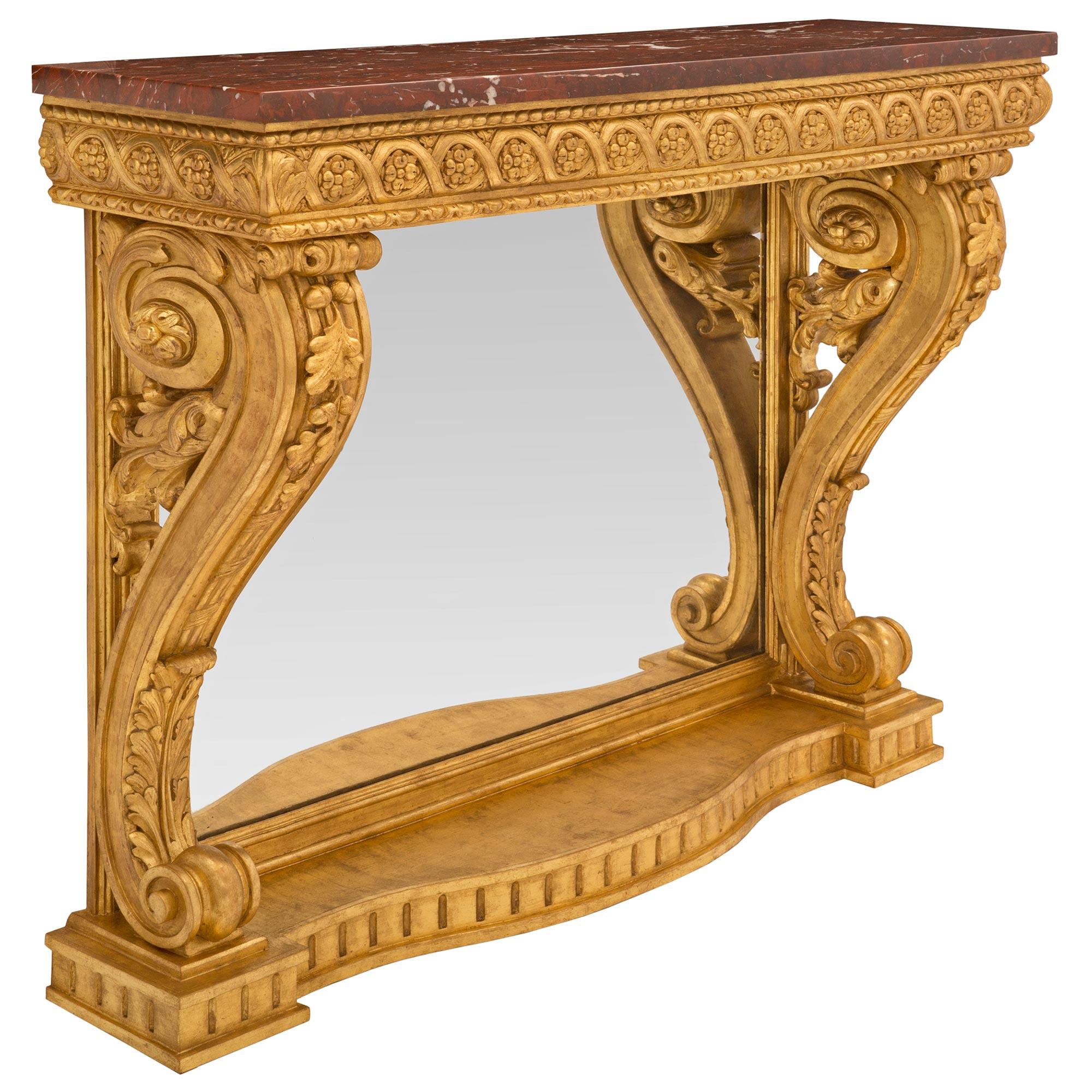 Belle Époque French 19th Century Louis XVI St. Giltwood and Rouge Griotte Marble Console For Sale
