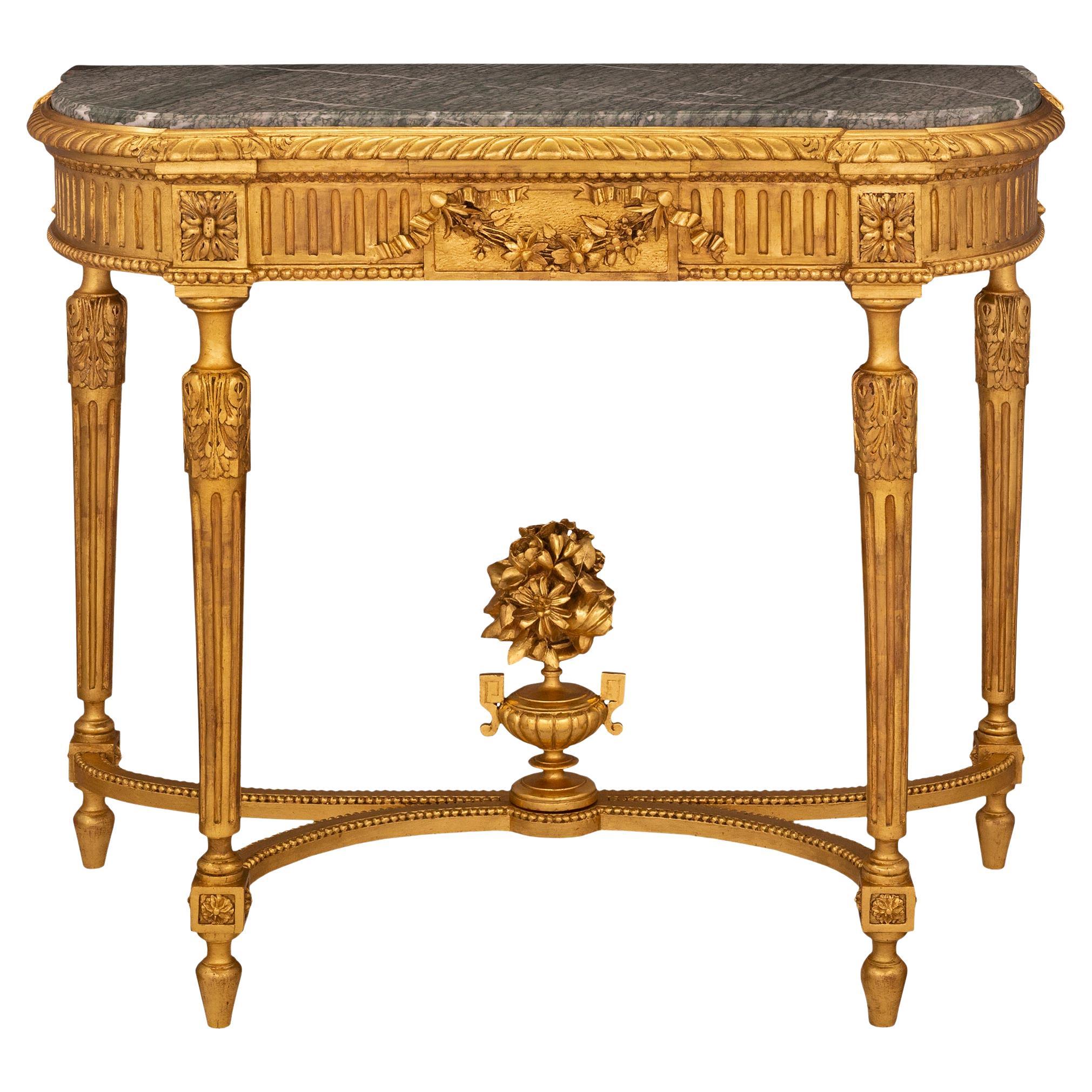 French 19th Century Louis XVI St. Giltwood and Vert Campan Marble Console For Sale