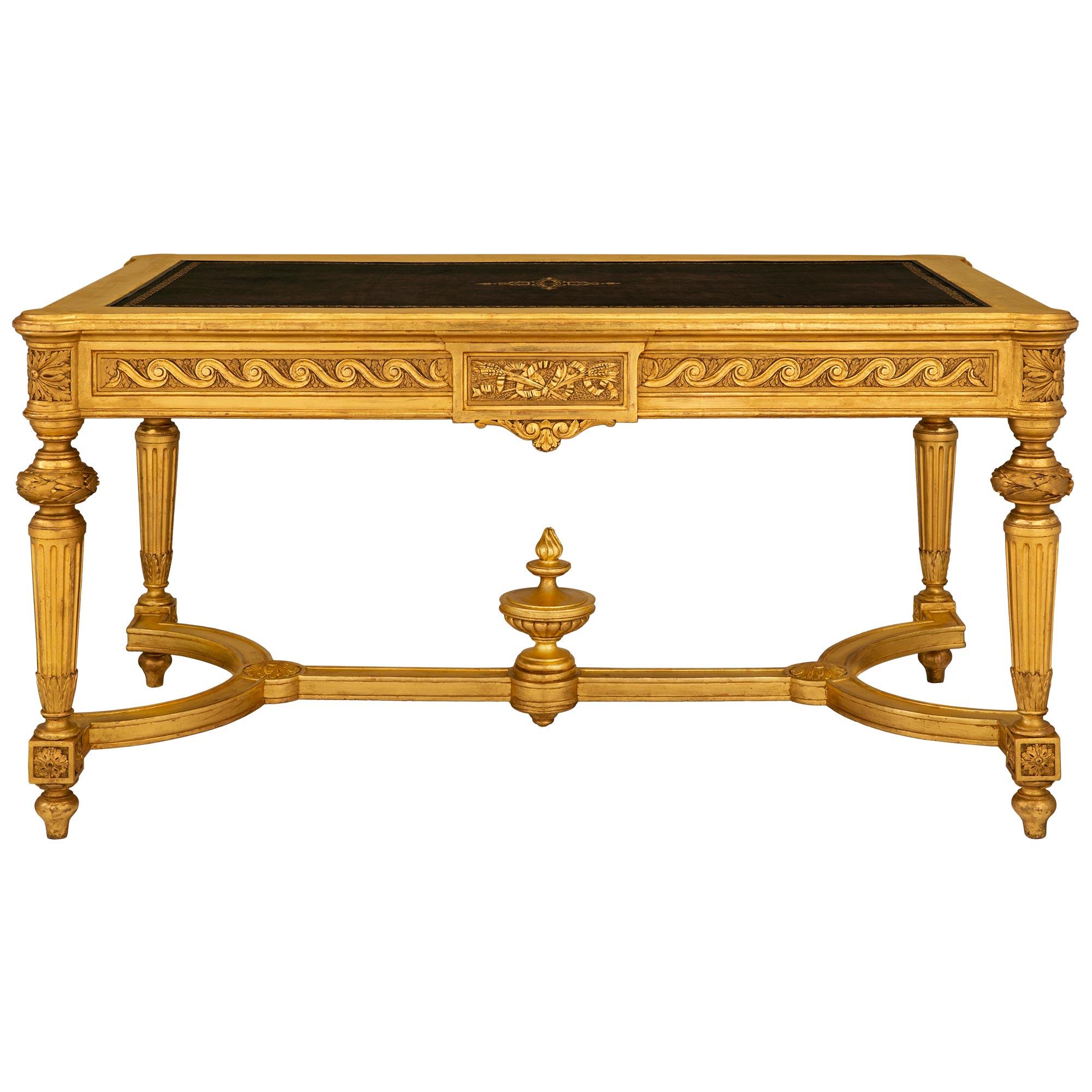 French 19th Century Louis XVI St. Giltwood, Fruitwood And Leather Center Table In Good Condition For Sale In West Palm Beach, FL