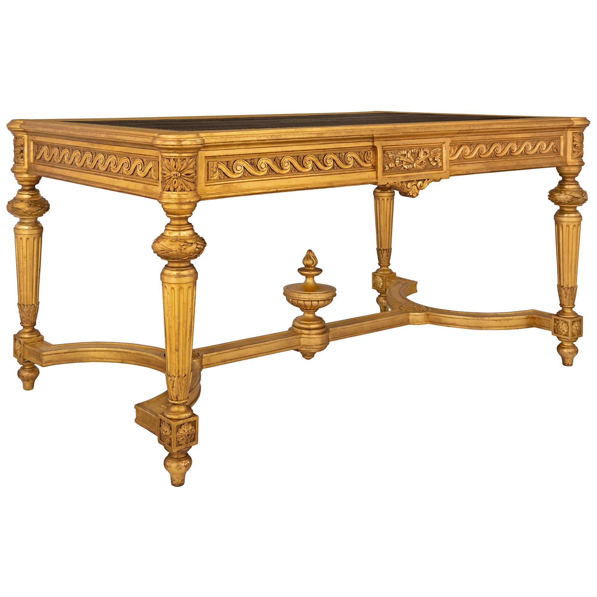 French 19th Century Louis XVI St. Giltwood, Fruitwood And Leather Center Table For Sale 1