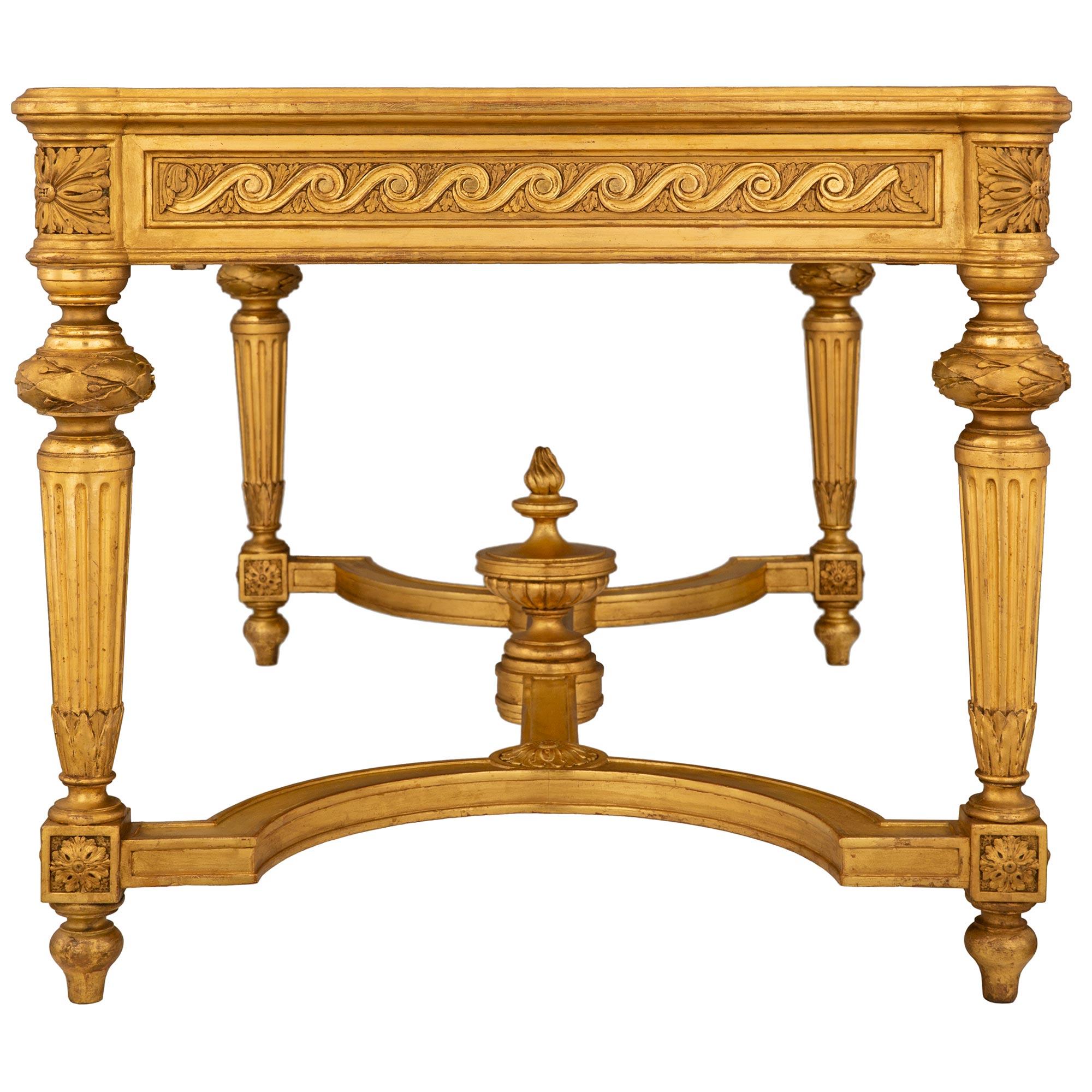French 19th Century Louis XVI St. Giltwood, Fruitwood And Leather Center Table For Sale 2