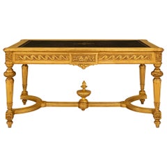 French 19th Century Louis XVI St. Giltwood, Fruitwood And Leather Center Table
