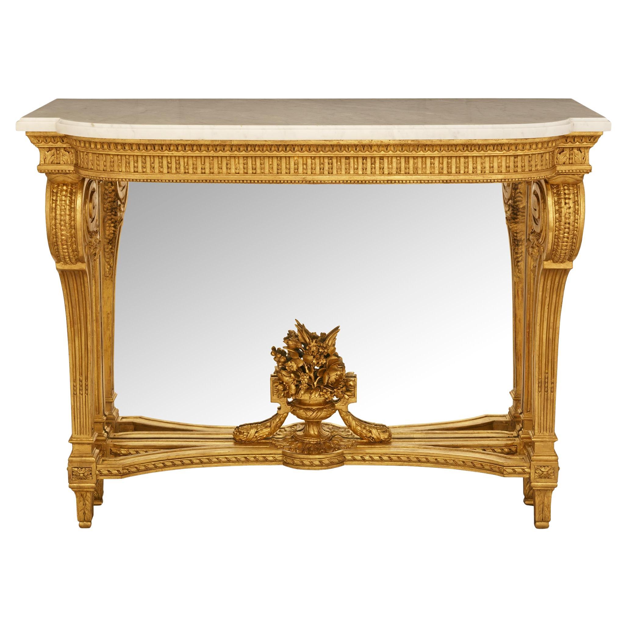 French 19th century Louis XVI st. Giltwood, Mirror and Carrara marble console