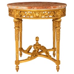 Mesa auxiliar francesa del siglo XIX de madera dorada estilo Luis XVI y mármol Rouge de Languedoc