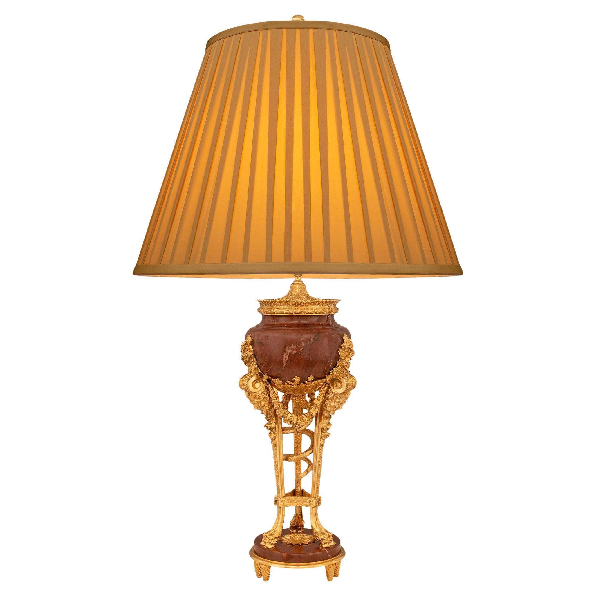 French 19th century Louis XVI st. Griotte marble and Ormolu lamp, attr. Sormani