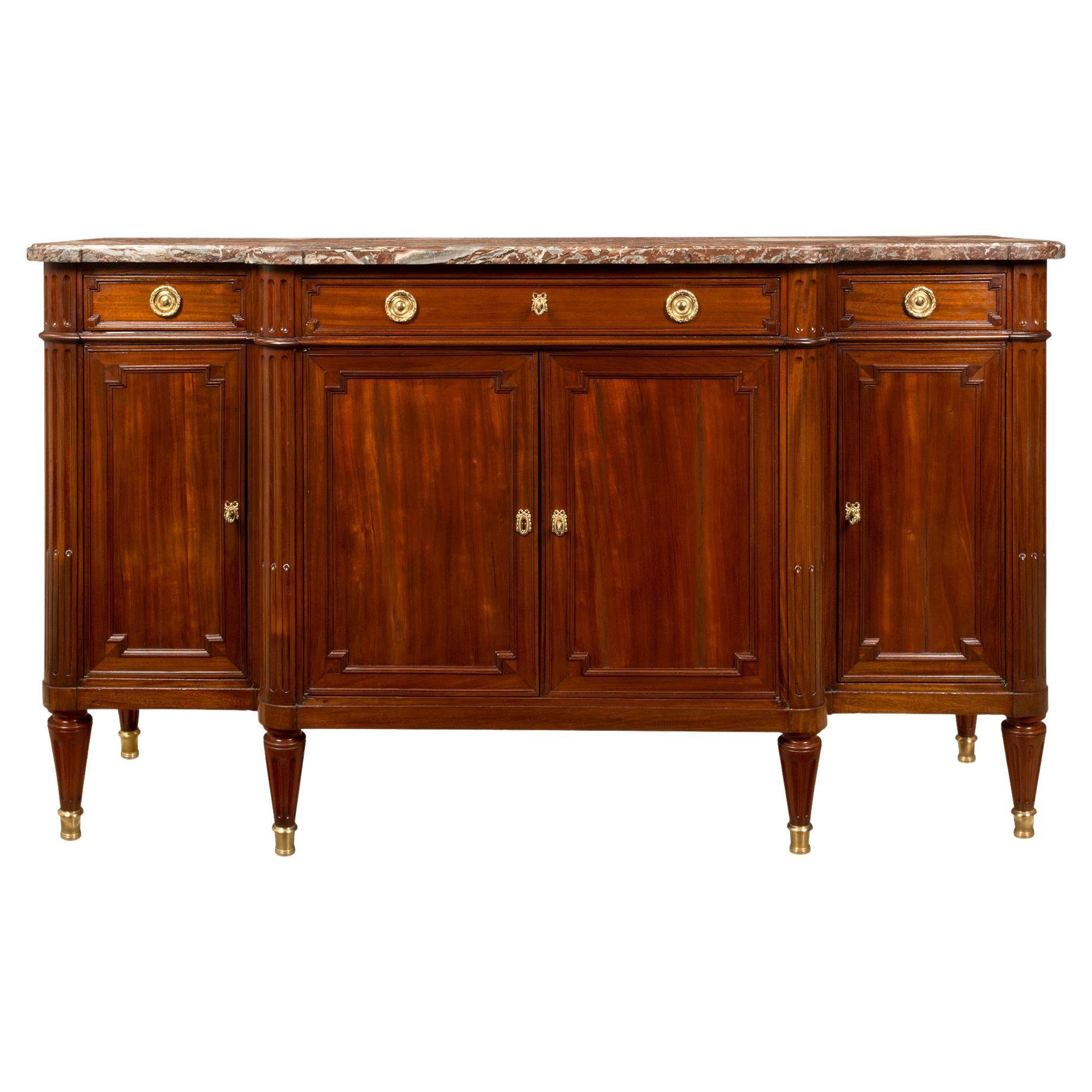 French 19th Century Louis XVI St. Mahogany, Four Door, Three-Drawer Buffet For Sale