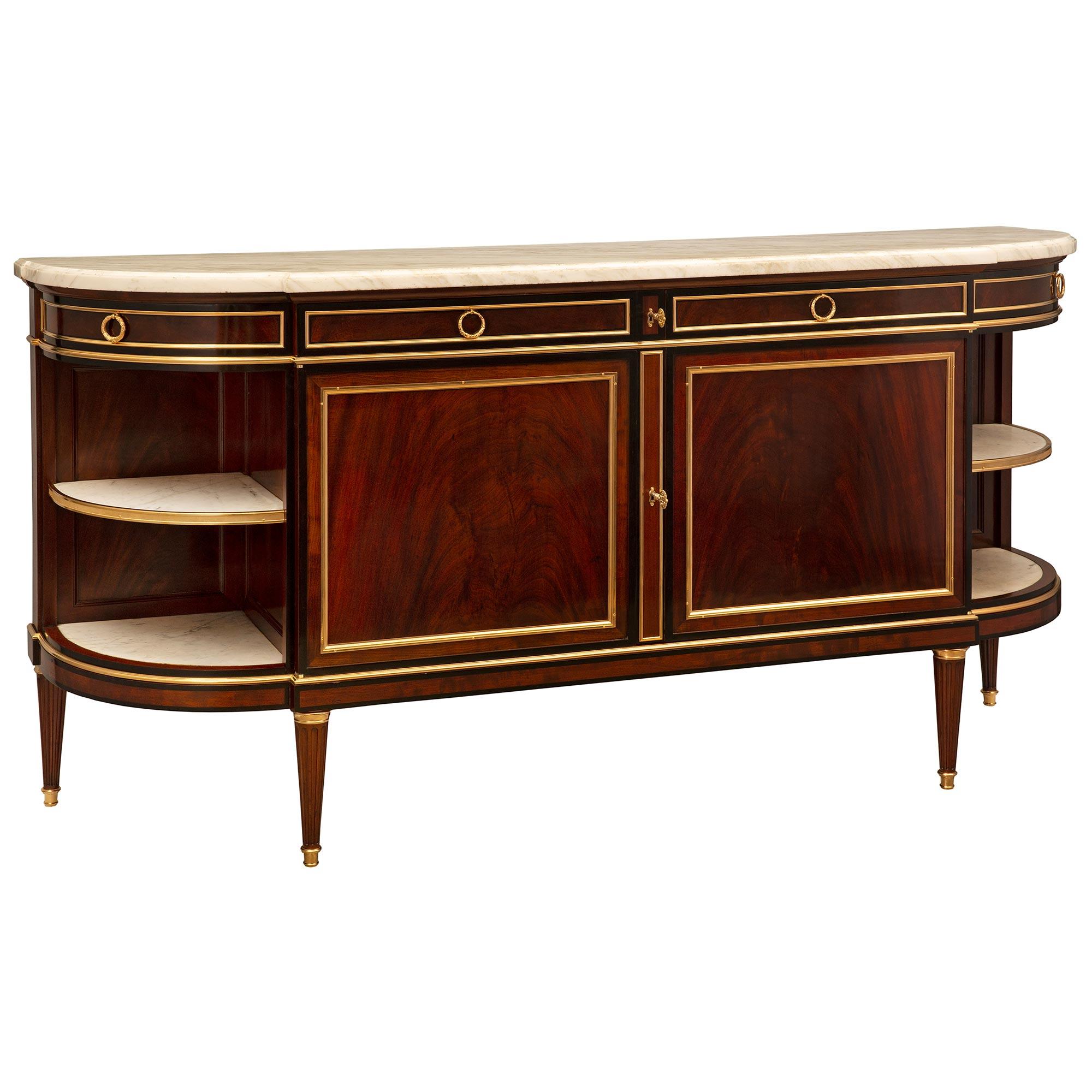 French 19th Century Louis XVI St. Mahogany, Fruitwood, Ormolu and Marble Buffet In Good Condition For Sale In West Palm Beach, FL