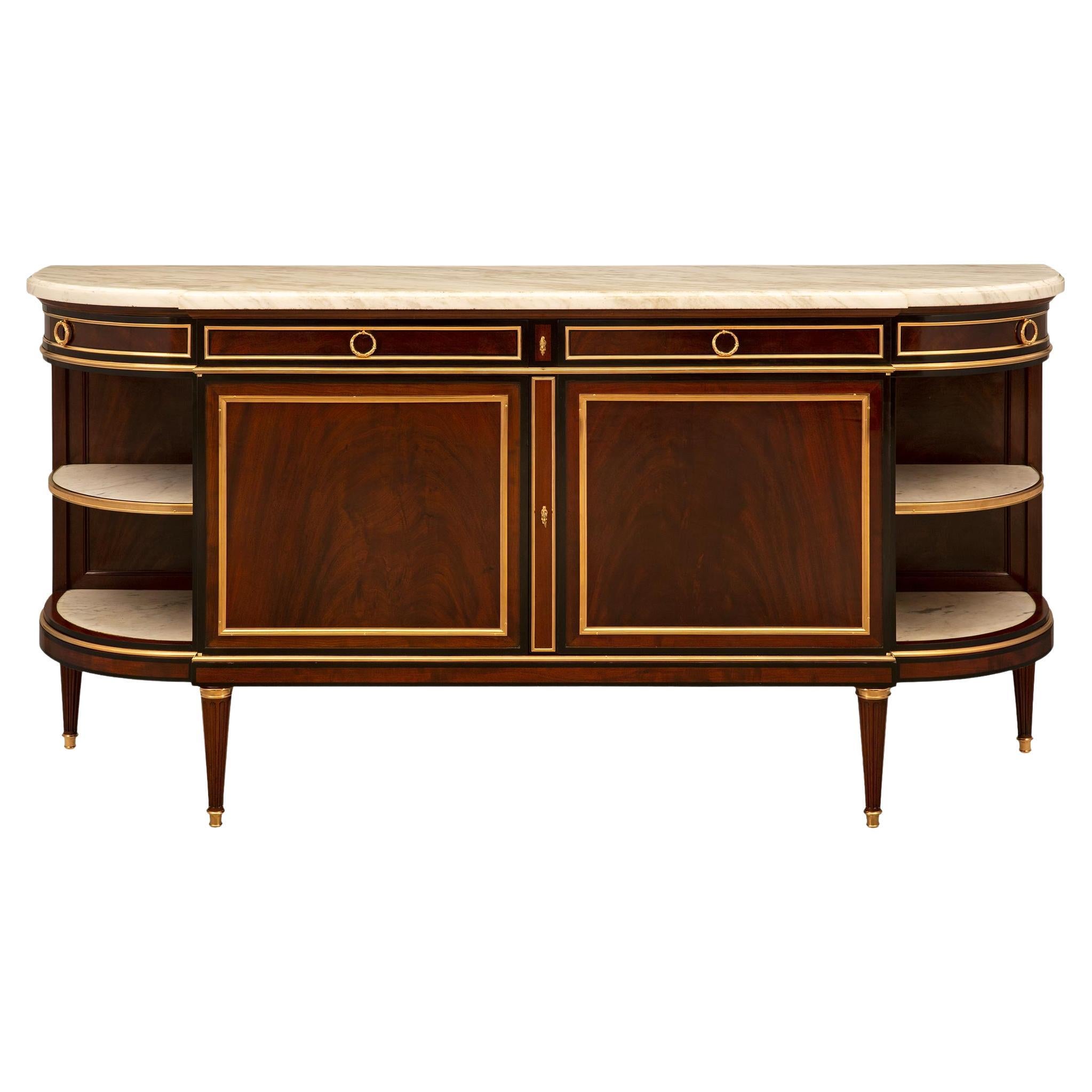 French 19th Century Louis XVI St. Mahogany, Fruitwood, Ormolu and Marble Buffet For Sale