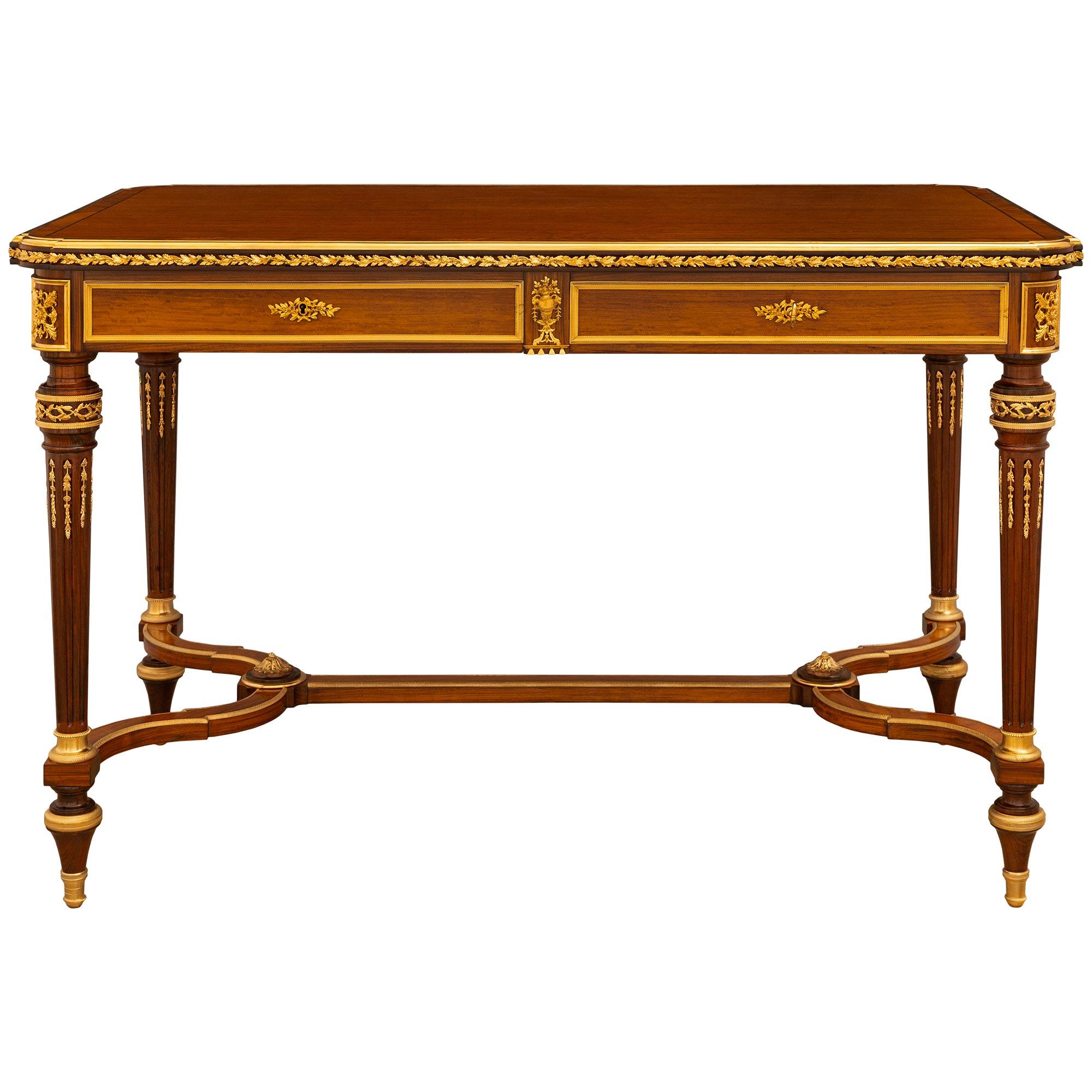 French 19th Century Louis XVI St. Mahogany, Kingwood, Satinwood, & Ormolu Desk For Sale 11