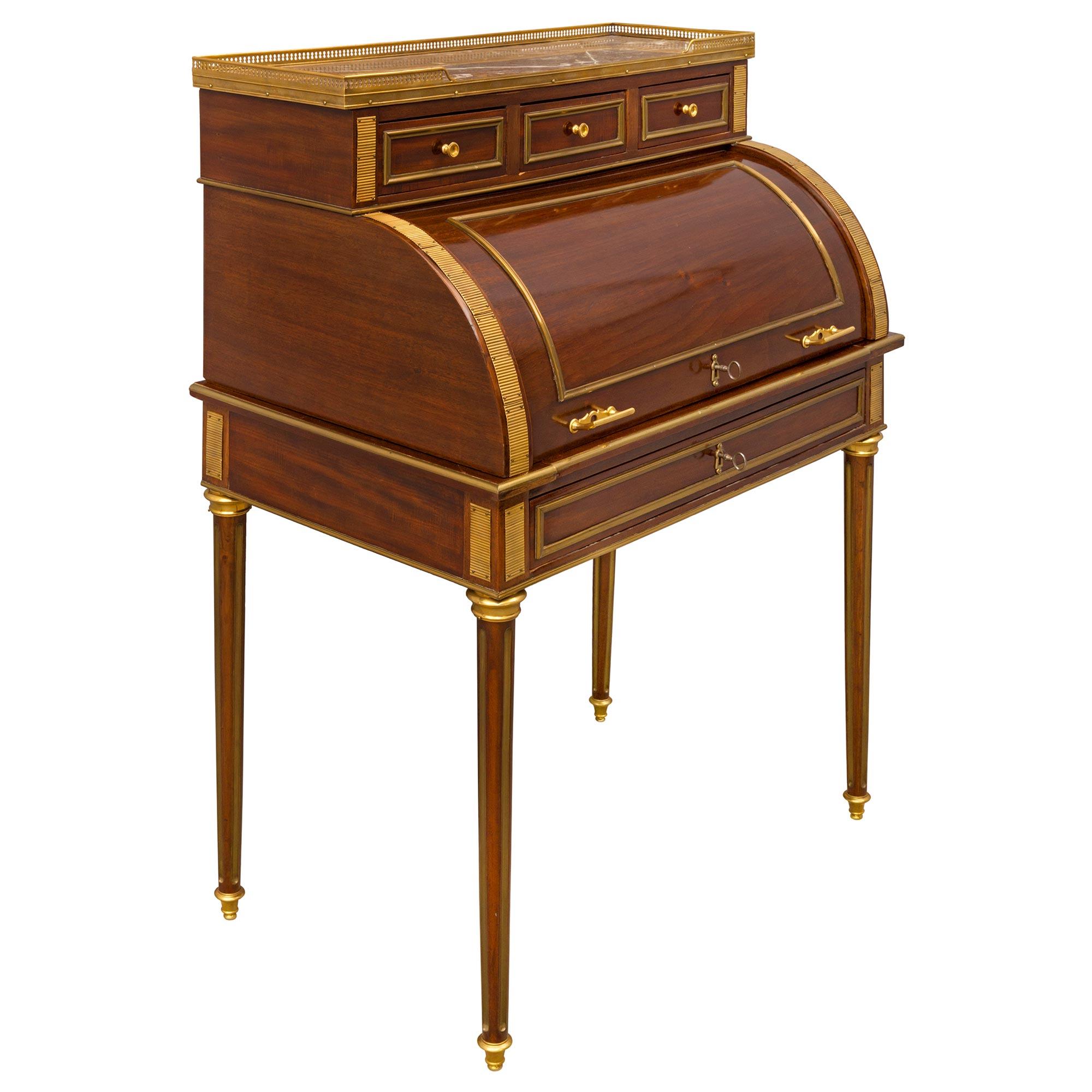 Brass French 19th Century Louis XVI St. Mahogany Lady’s Cylinder Desk For Sale