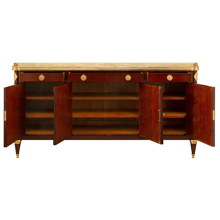 French 19th Century Louis XVI St. Mahogany, Ormolu and Arabescato Marble Buffet For Sale at 1stDibs
