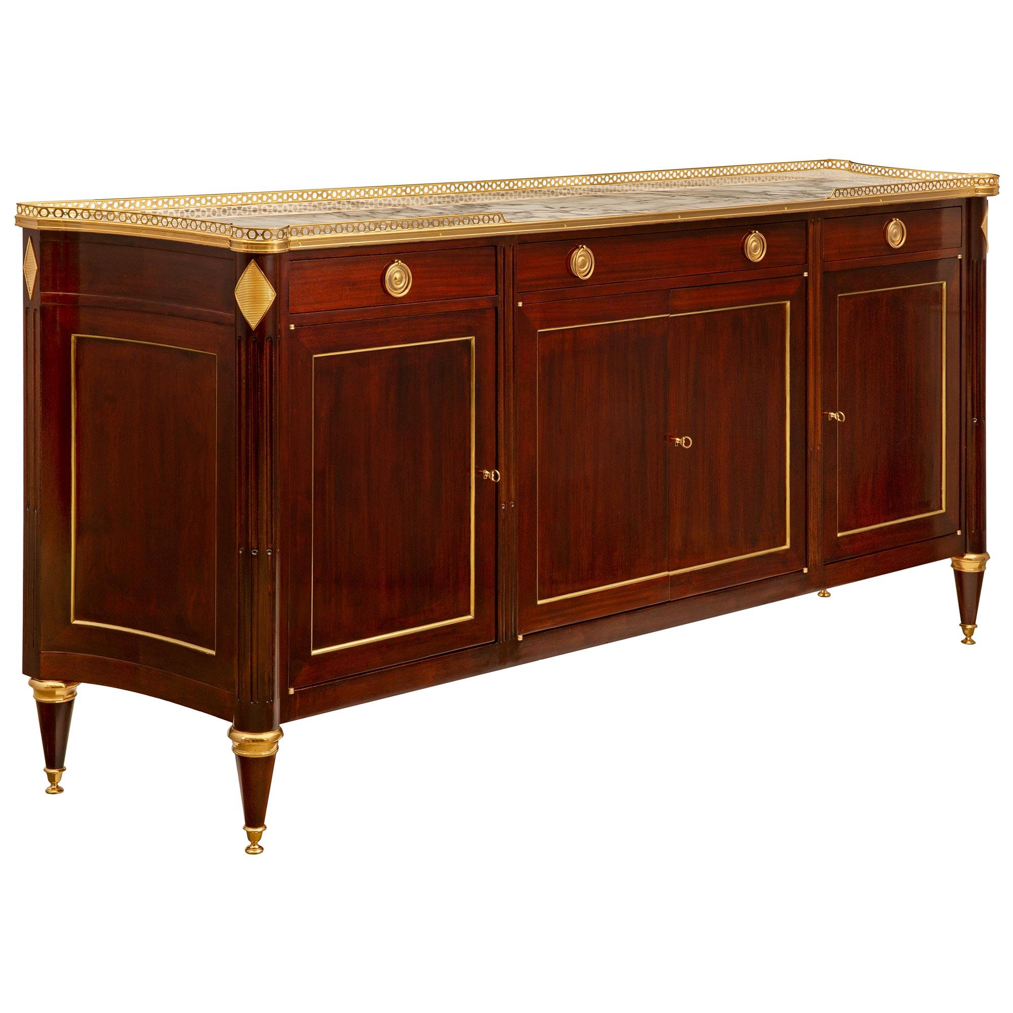 French 19th Century Louis XVI St. Mahogany, Ormolu and Arabescato Marble Buffet For Sale 1